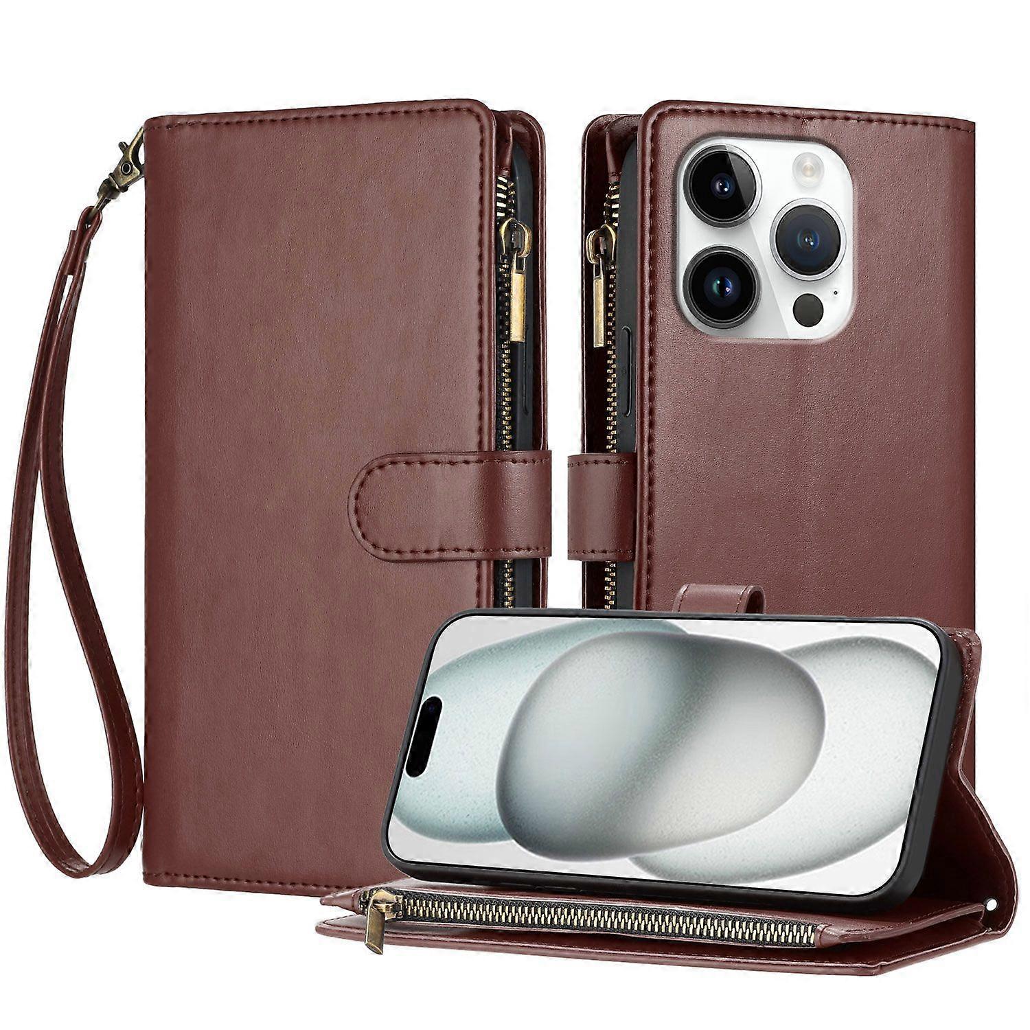 Compatible With Iphone 16 Pro Max Wallet Case,Buckle Flip PU Leather Shockproof Protective Phone Cover-Brown