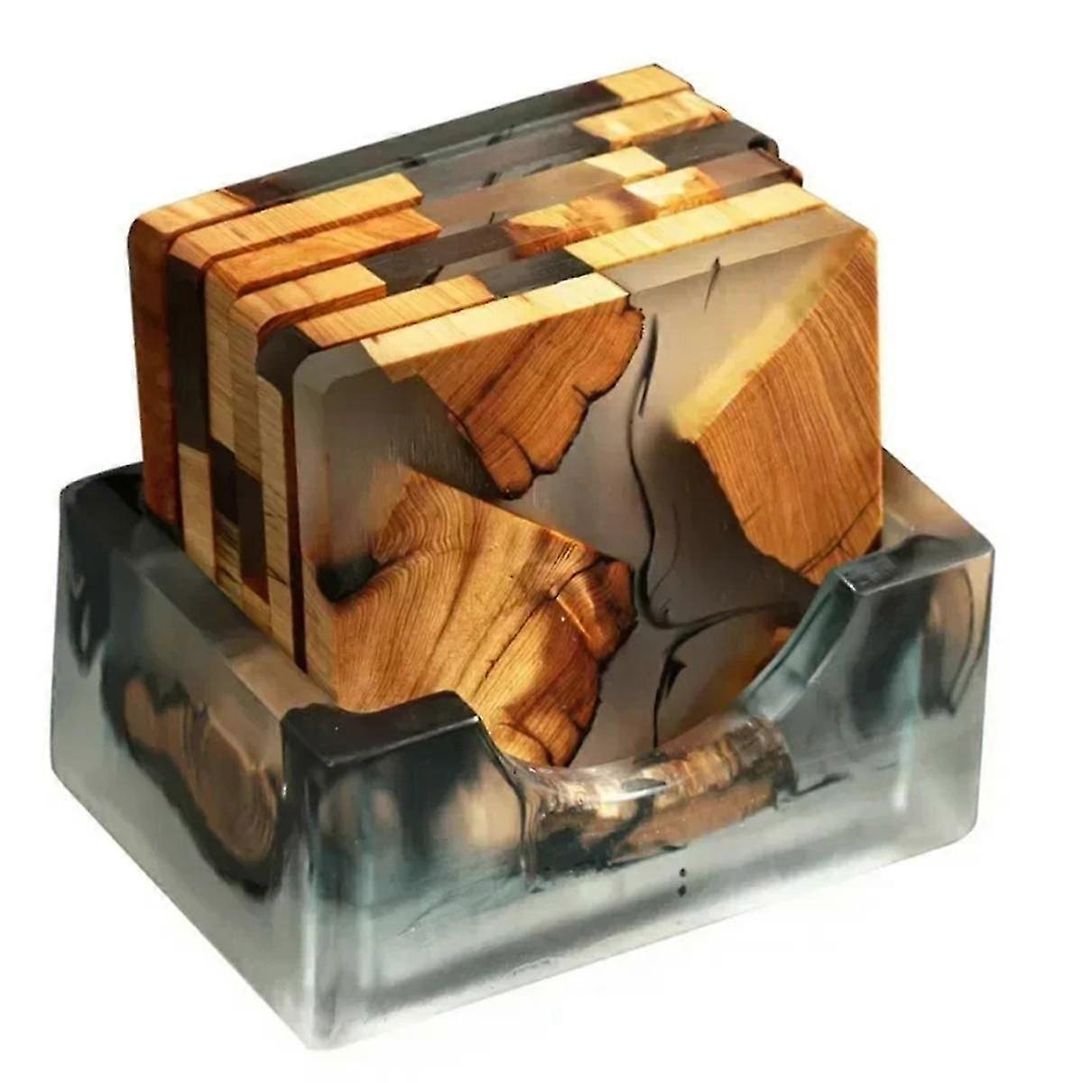 Wood Coasters Set with Epoxy Resin - Modern Coasters with Holder compatible with Drinks, Includes 6 Coasters and Holder