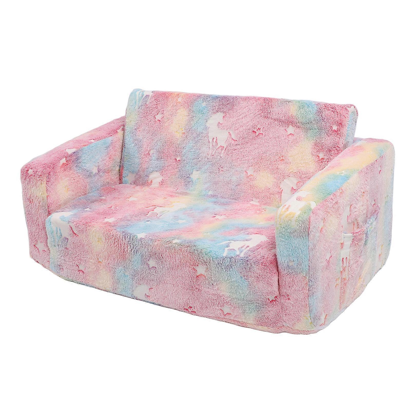 Kids Folding Sofa, Glow in the Dark Velvet, Memory Foam, 2 Seater, Removable, for Reading and Learning, Pink