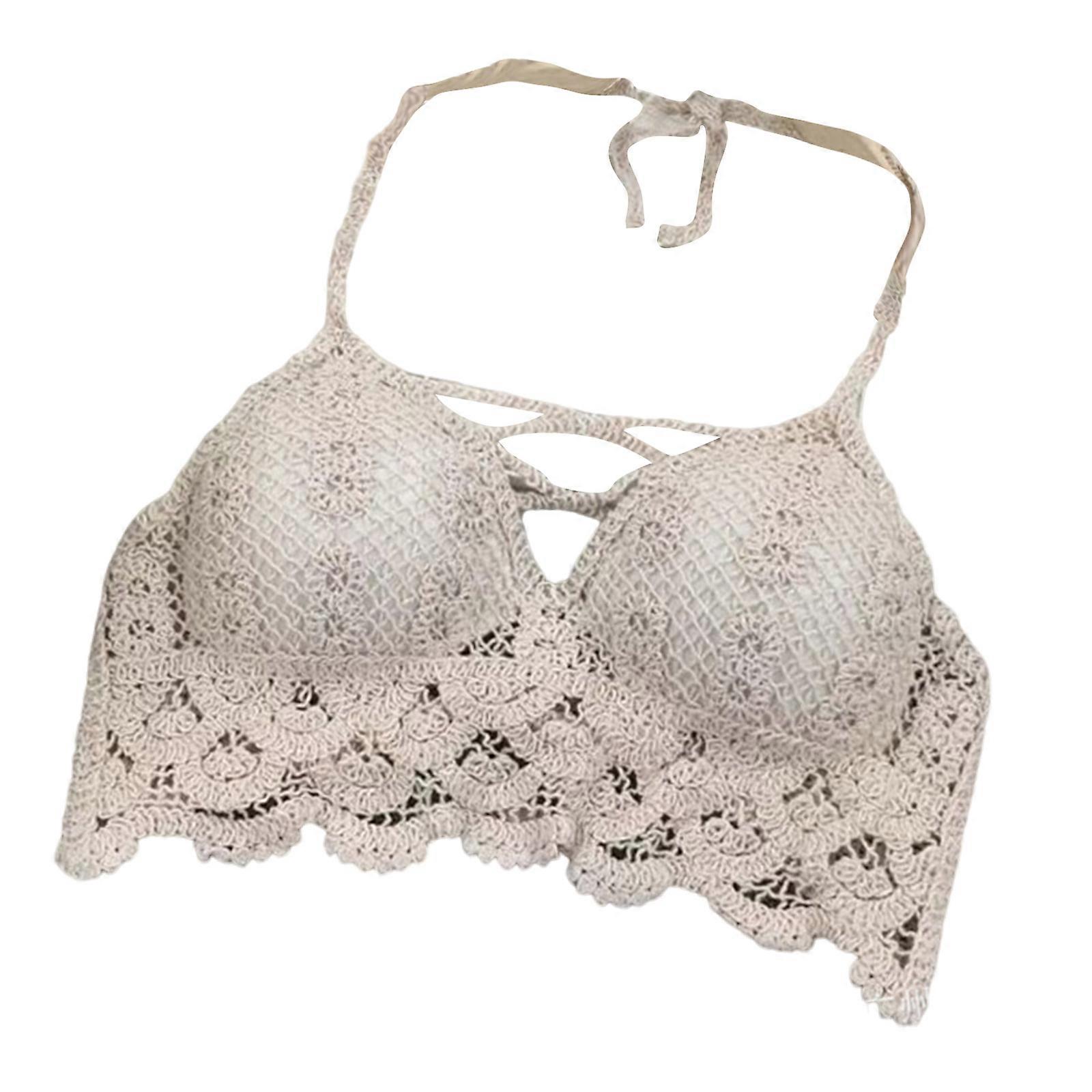 Travel Built in Bra Camisole Hollow out Crochet Bohemia Style Sleeveless Crop Top Spaghetti Strap Seaside Halter Vest  H
