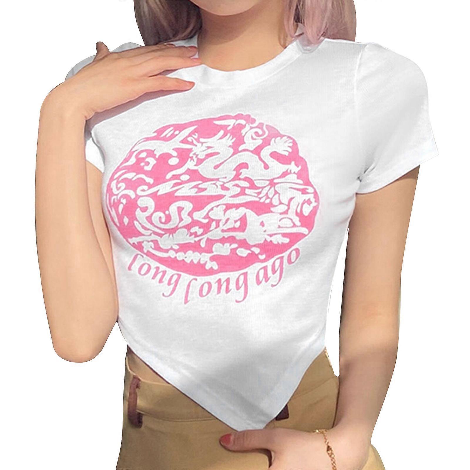 Women Sexy Crop Top Short Sleeve Round Neck Graphic-Print Summer T-Shirt Slim-Undershirt Fashion Casual Slim-Fit Top  XL