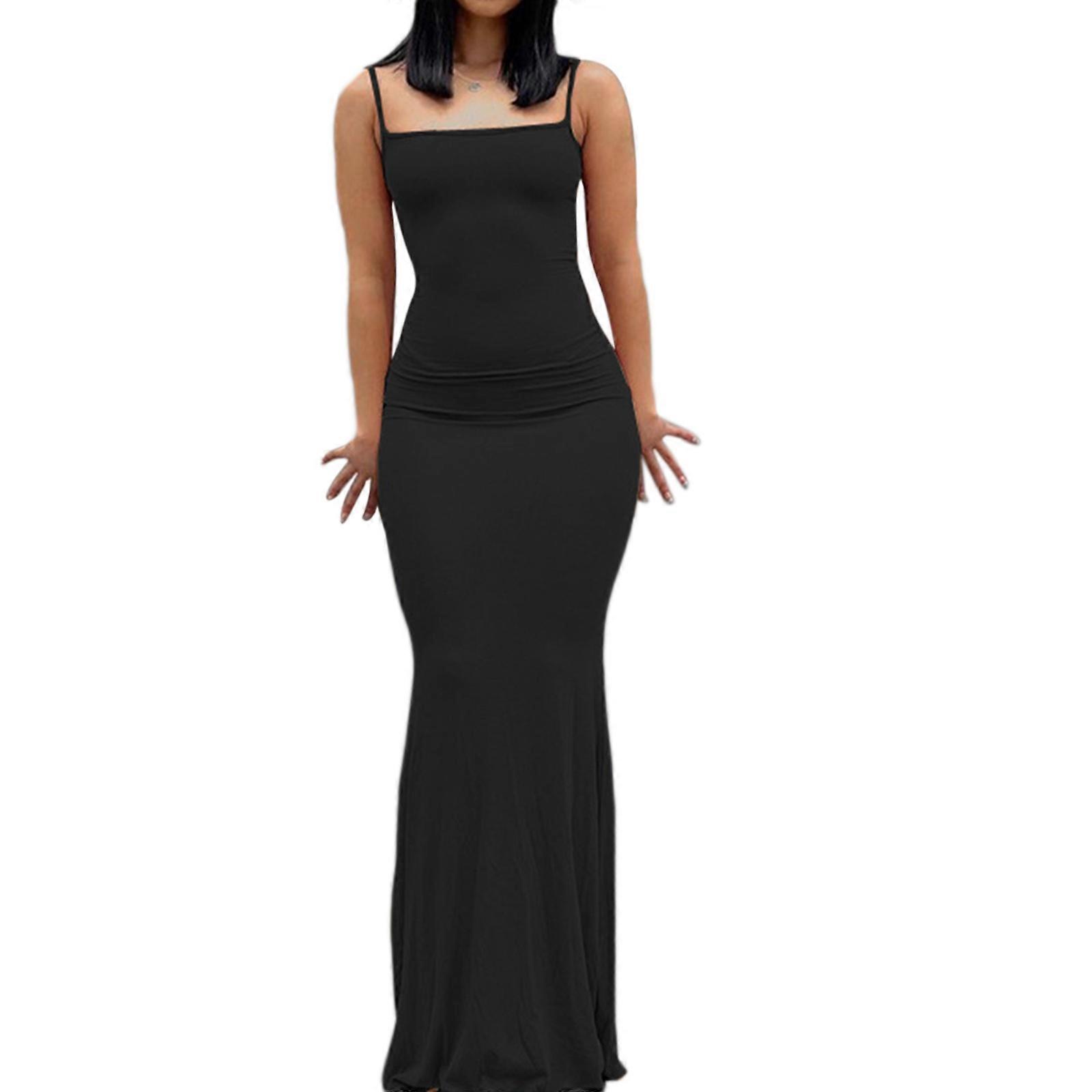 Casual Spaghetti Straps Bodycon Slip Dress Slim Long Dresses Casual  Sleeveless Bodycon Party Club Maxi Dress Women Black L