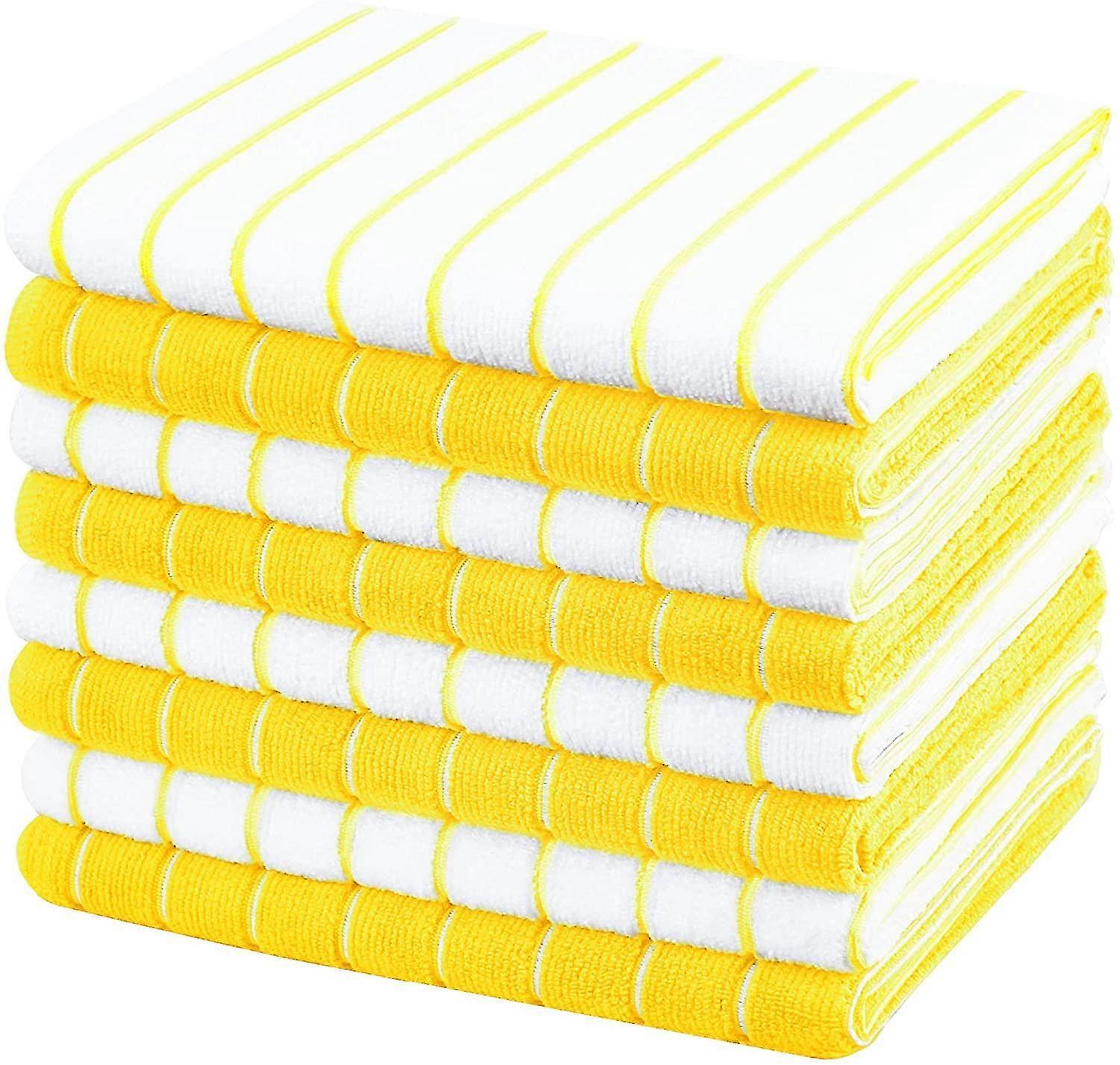 Microfibre Tea Towels - Pack of 8 (Stripe Designed Yellow and White Colours) - Soft, Super Absorbent, 45 x 65 cm