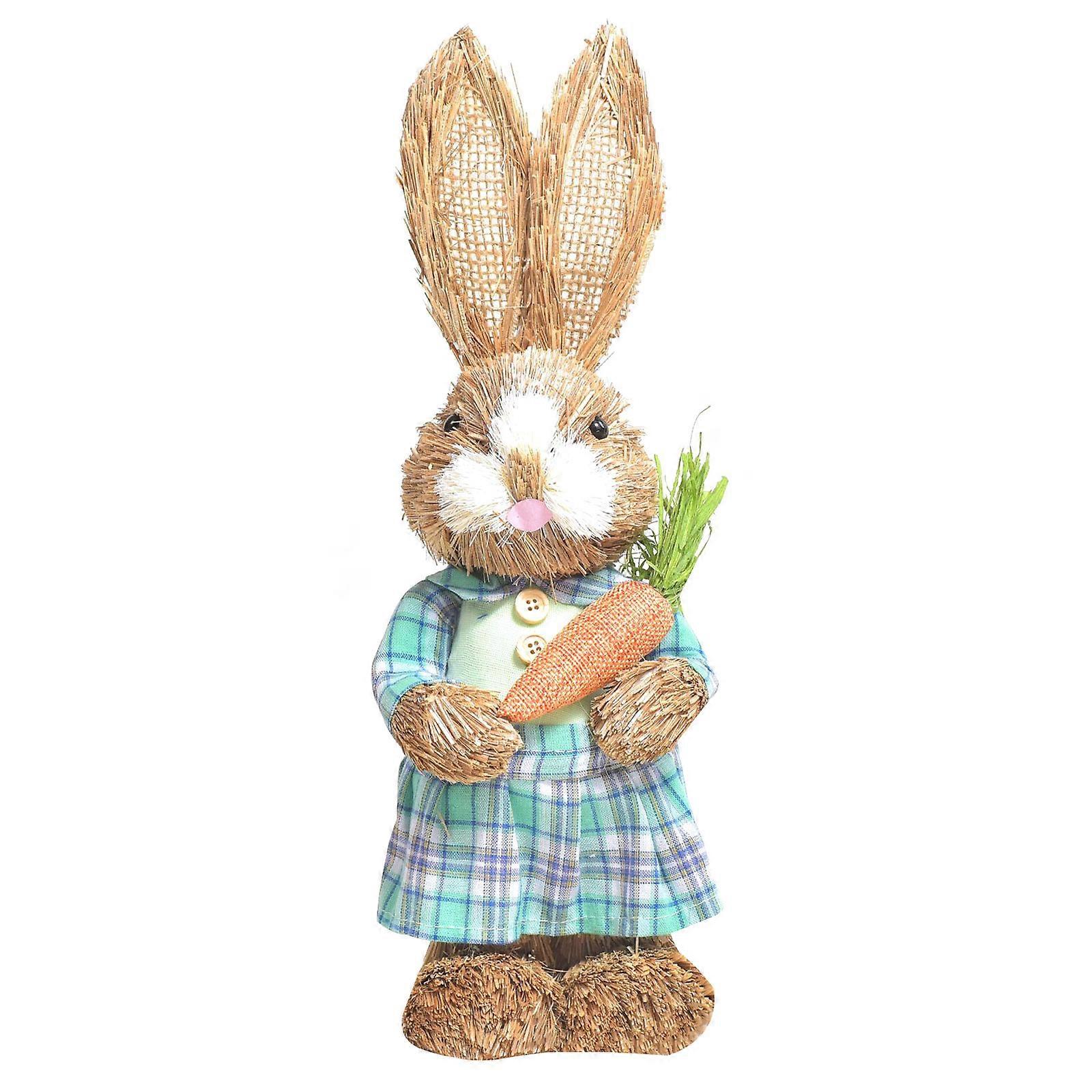 14Inch Artificial Straw Rabbit Standing Bunny with Carrot Eggs Ornaments Home Garden Decoration for Easter Theme Party
