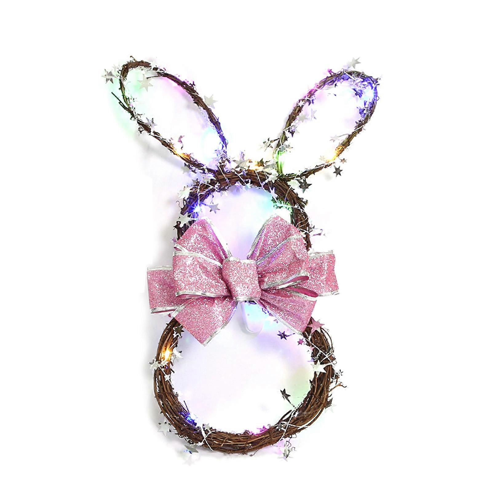 Easter Decorations LED Bunny Wreath Handmade Rattan Garland Light Up Hanging Pendant for Front Door Spring Holiday Home  Medium