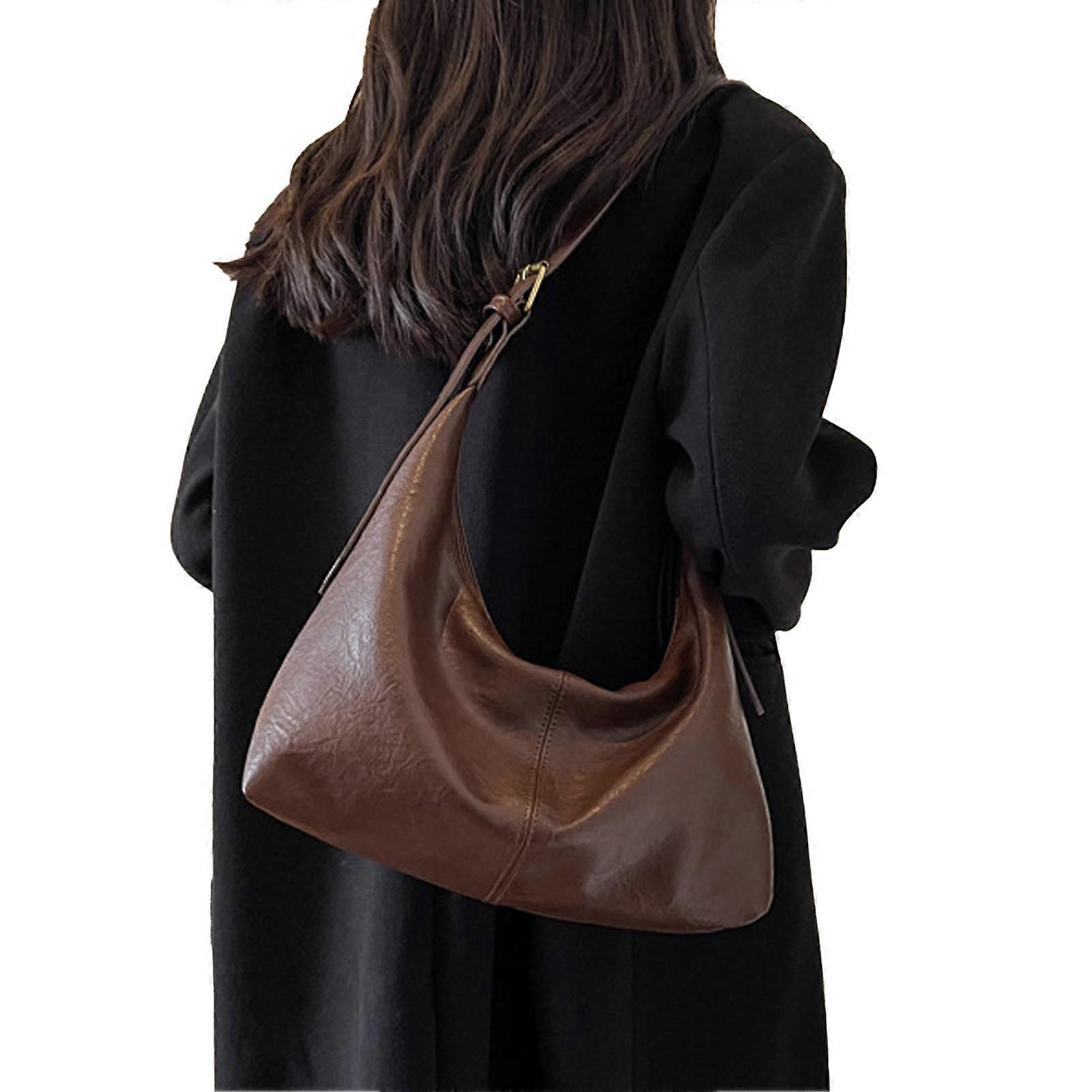 Soft PU Leather Handbag Brown Large Capacity Adjustable Strap Free Size