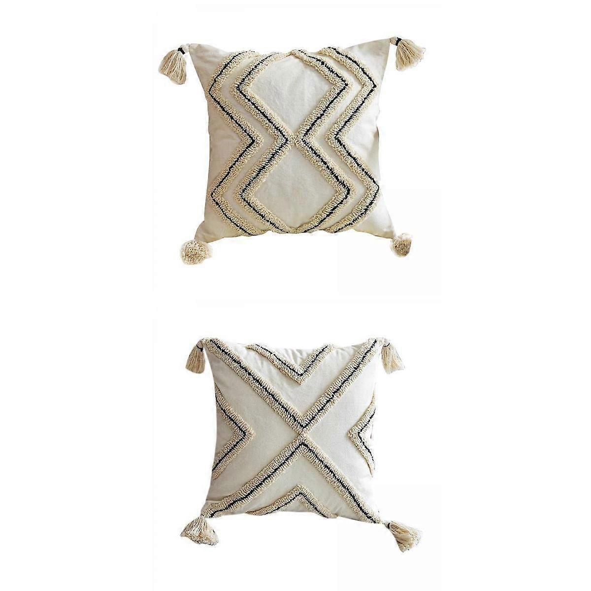 2x Tufted Cushion Tassels Soft Pillow s for Sofa Couch Decor
