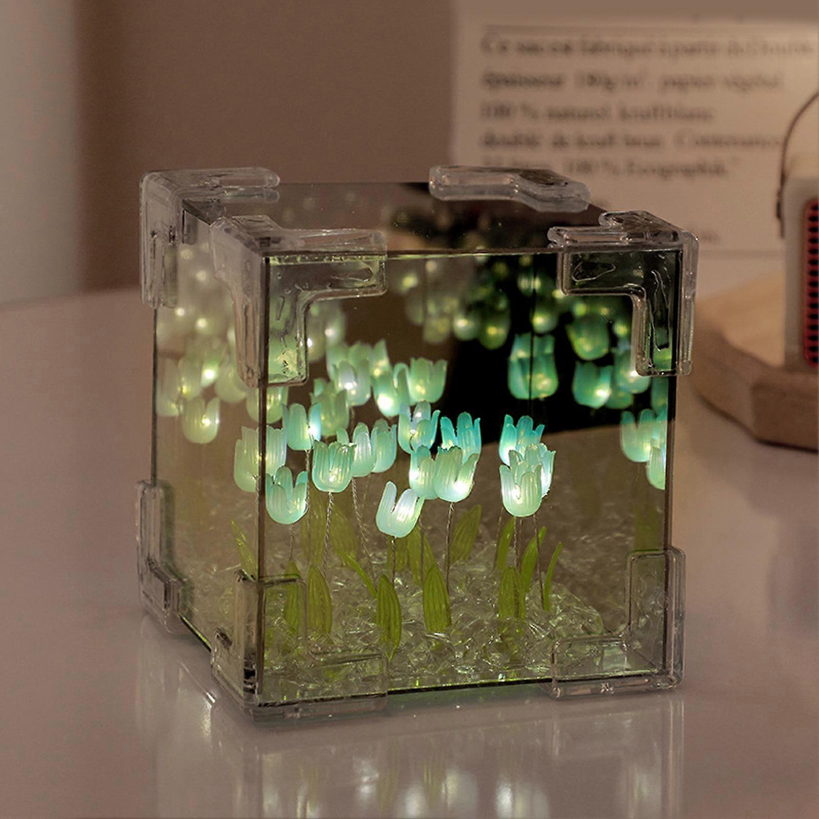 2 en 1 tulipe cube miroir lampe LED veilleuse décorative fait à la main bricolage tulipe veilleuse pour amis anniversaire bleu