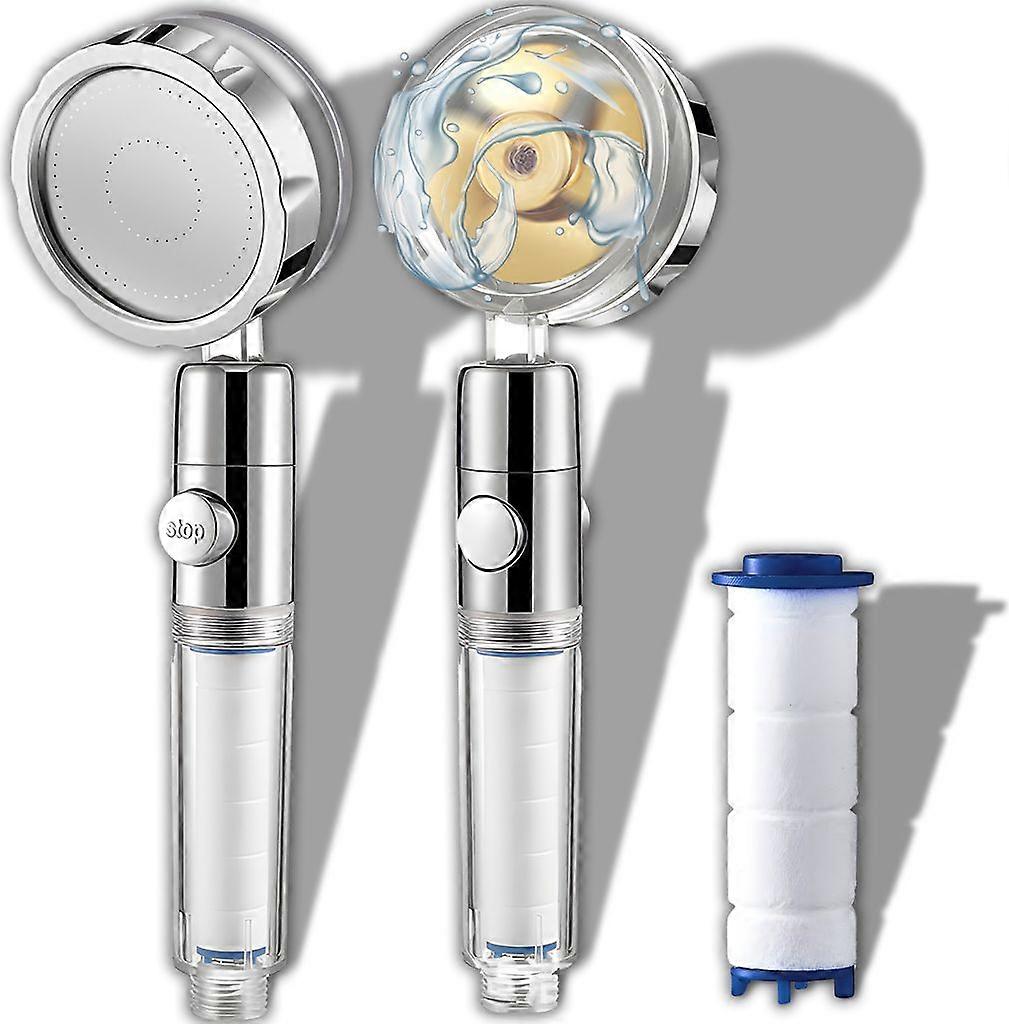 High pressure shower head with turbo propeller, gold hand shower, pressurized water saving, universal design, with 3 PP cotton filter elements