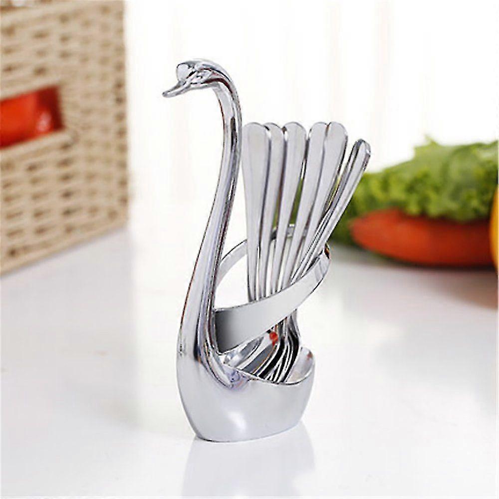 Stainless Steel Fruit Fork Set Swan Bottom Flatware Set with Storage Rack Holds 6 Forks for Cake--