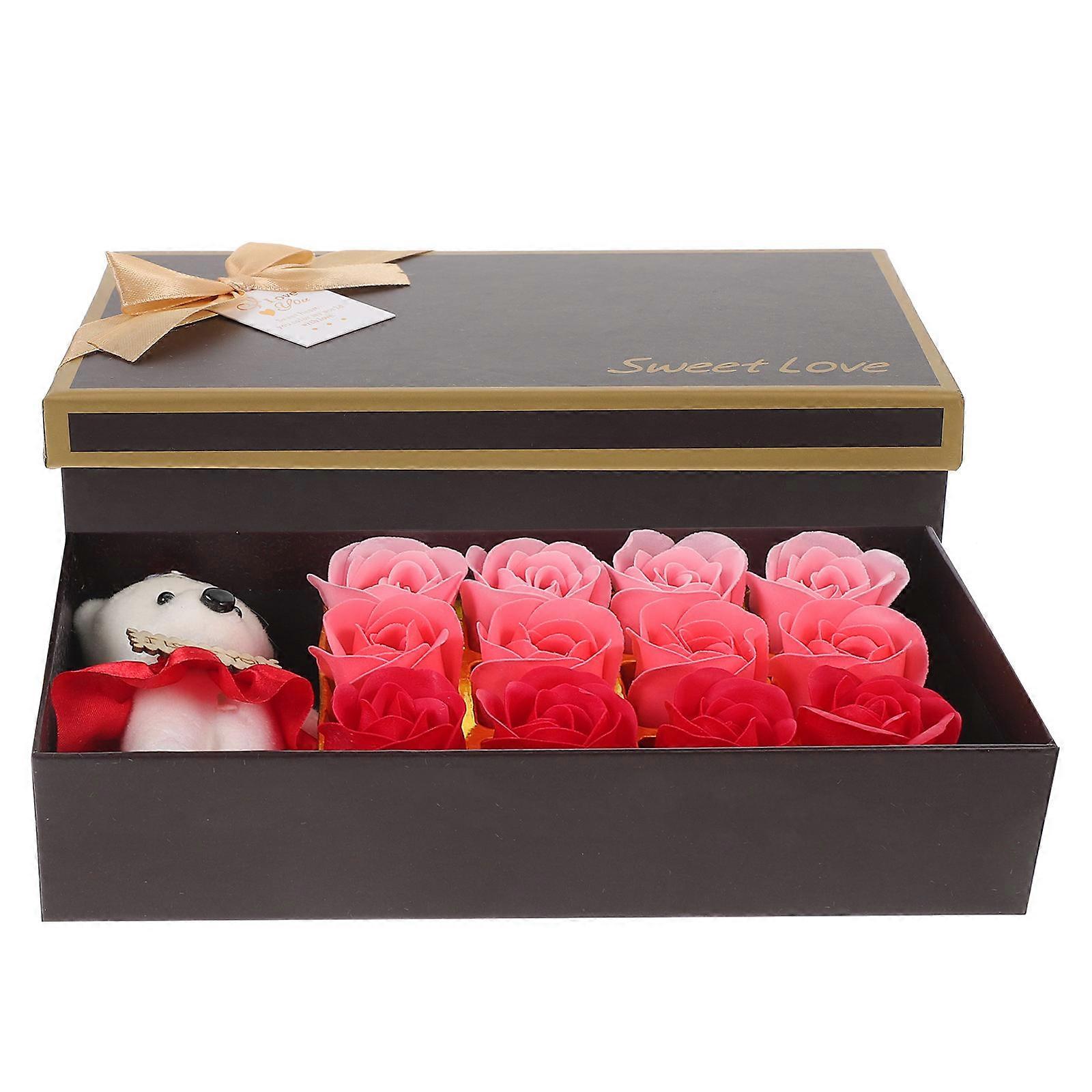 Valentine's Day Simulation Rose Scented Bath Soap present Box with Bear Gradient Red 22.80X11.60X4.50CM Fragrance 12Set