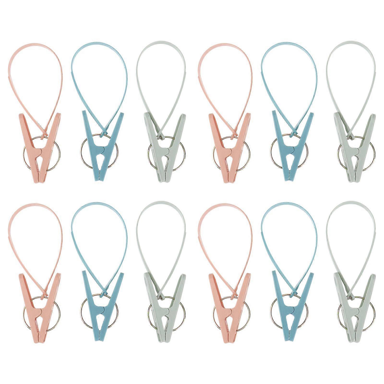 12pcs Plastic Windproof Clothespins with Rope Multifunction Portable Clothes Clips for Towel Sock Underwear (Mixed Colors)