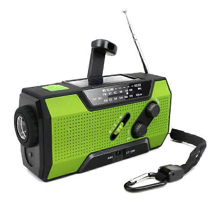 Emergency radio with solar cells, 2000mAh, hand crank, FM radio and LED lamp (green)