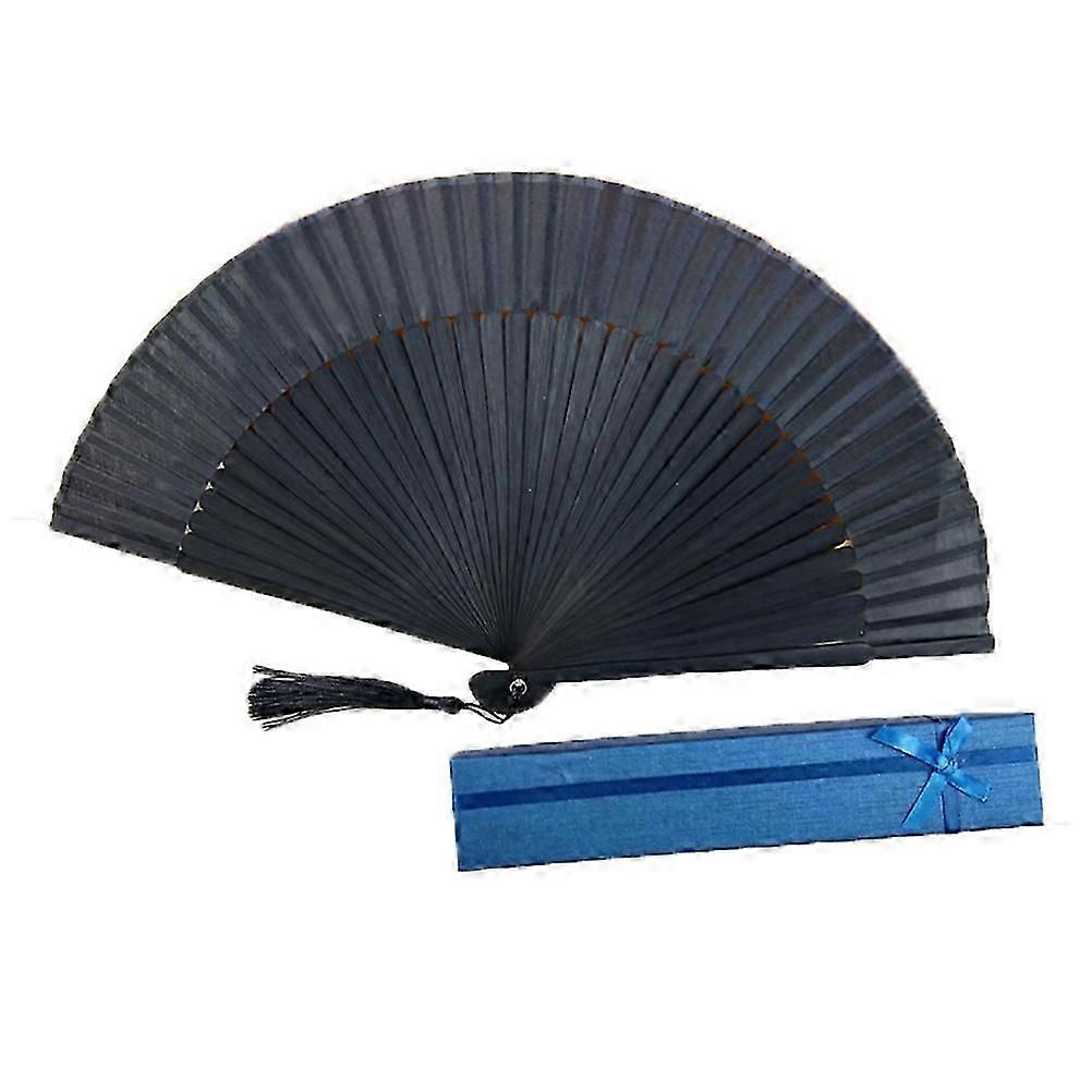 Men Black Foldable Fan Black Bamboo Bone Handheld Fabric Fan Chinese Style Folding Fan (Fan + Blue Storage Paper Box)