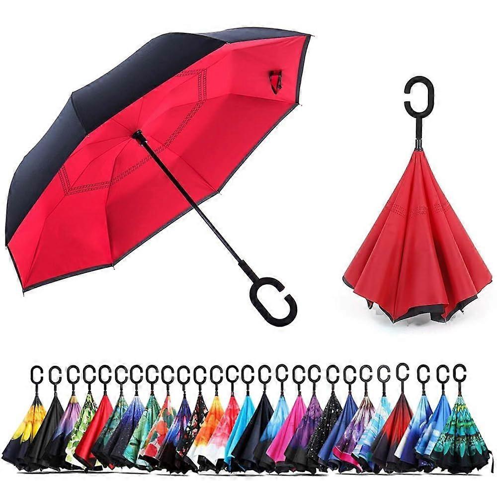 Double Layer Folding Inverted Umbrella Red, Self-Standing Reverse Umbrella with C Shaped Handle, Large Size