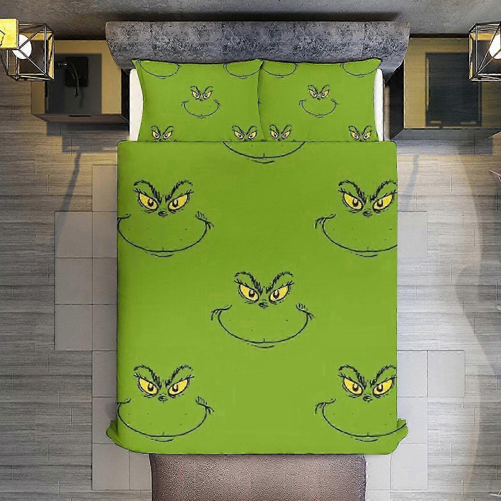 Bedding Set Grinch Smiley Face 3 Pieces Duvet Cover Set Full Size Super Soft Fade Resistant Microfiber 1 Cover with Zipper and 2 Pillowcases