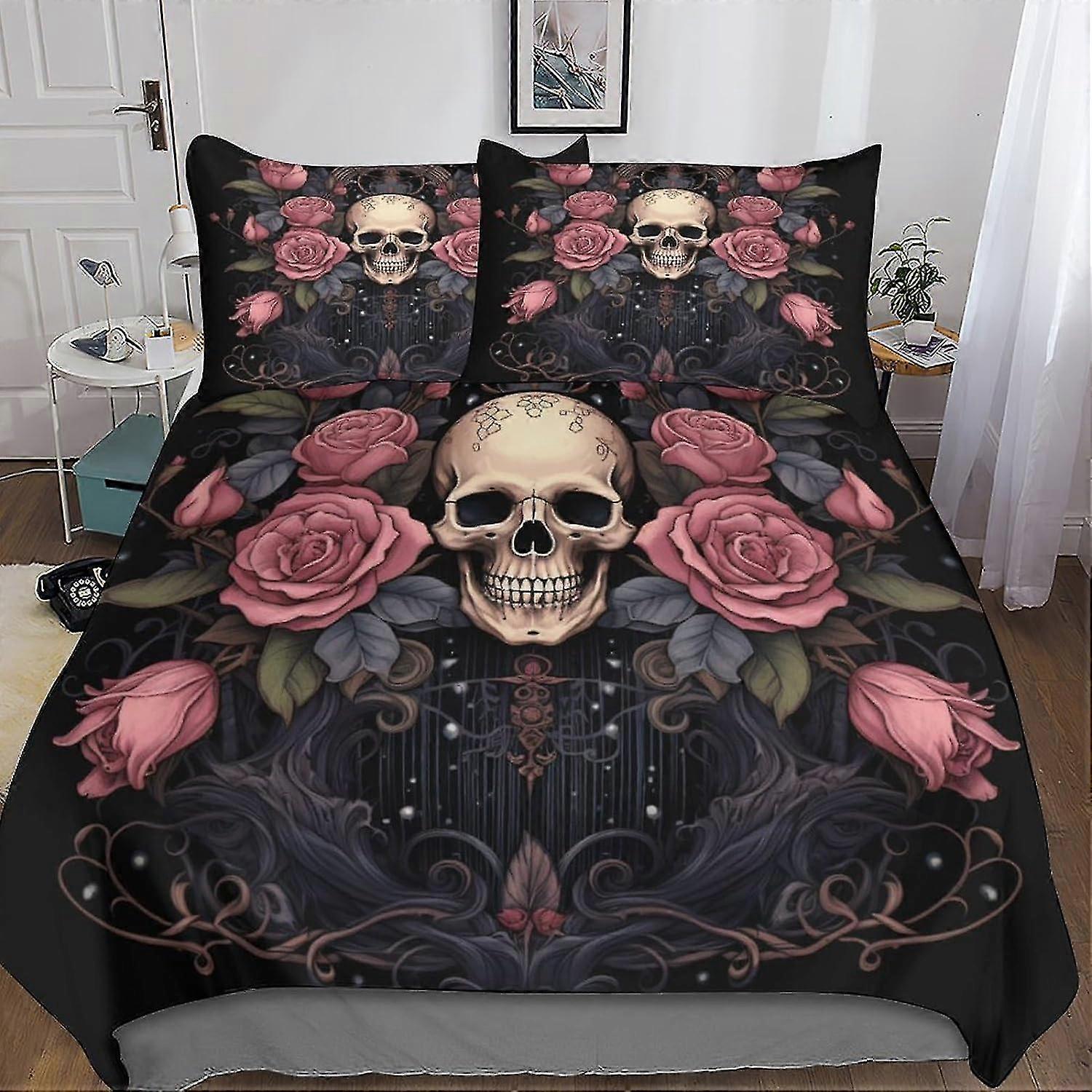 Flores Crânio Roupa de Cama Conjunto de Capa de Edredão Microfibra Evil Skeleton Capa de Edredom Capa de Colcha de Impressão 3D com Conjunto de 3 Peças Fronhas para Crianças