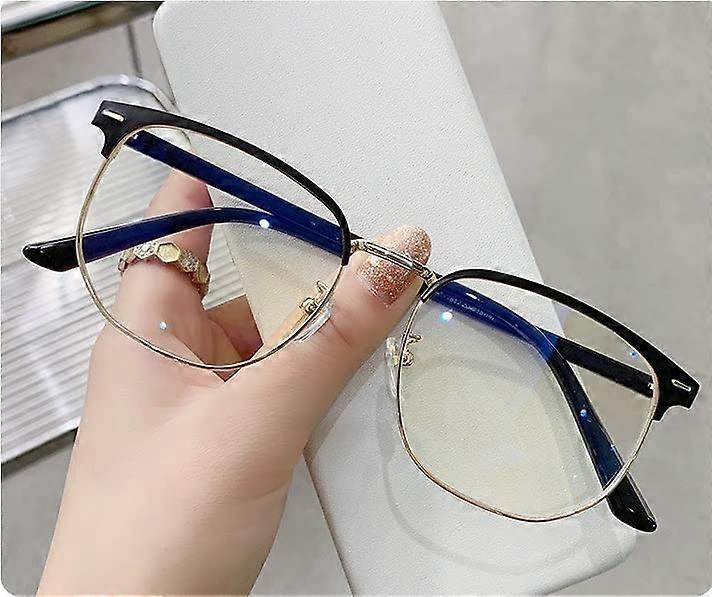 Trendy Reading Glasses With Metal Frame Blue-Light Computer Reading Glasses Semi-Rimless Color Black-Golden Size +350