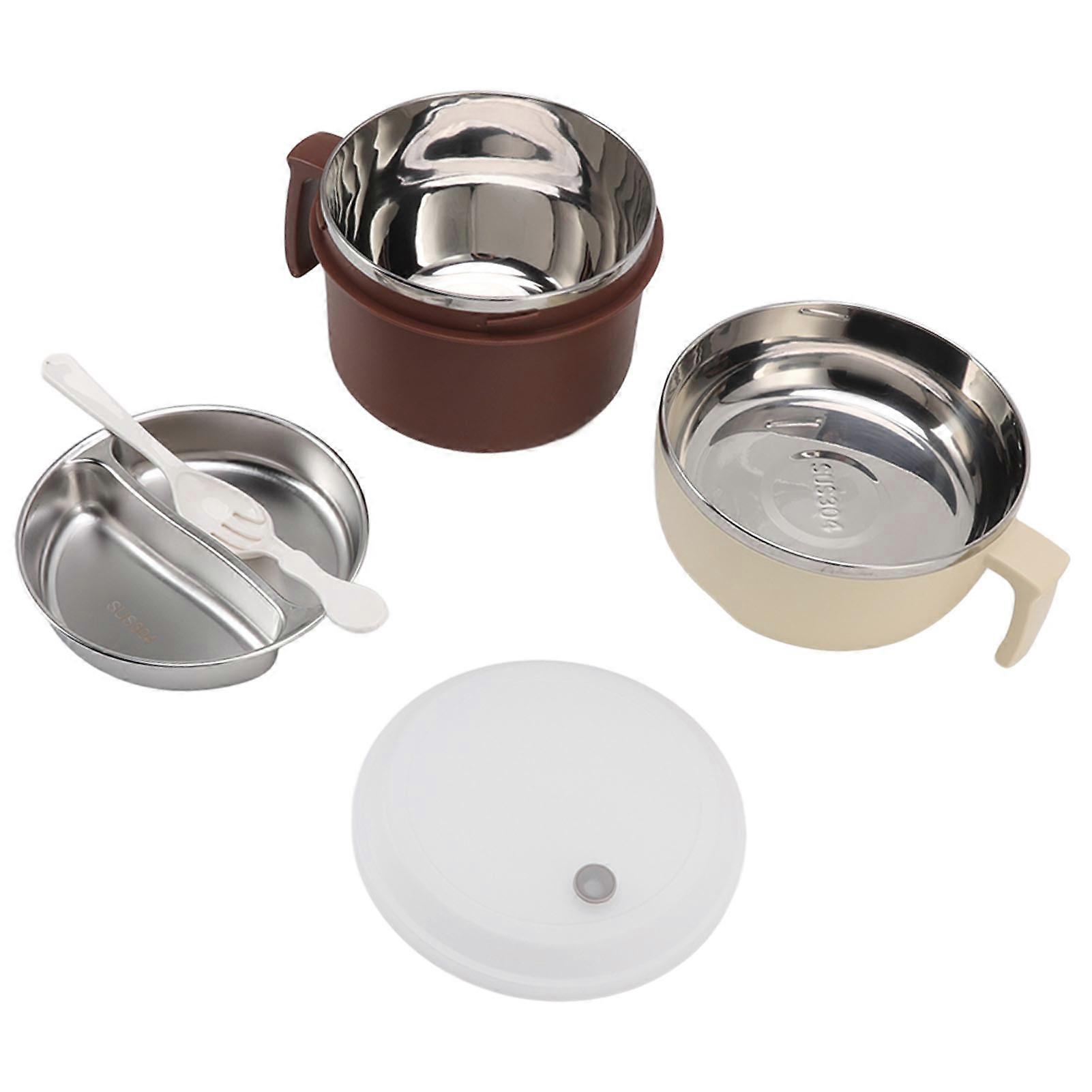 Stainless Steel Noodle Bowl Lunch Box Double Layer Ramen Bowl with Handle Lid Fork and Spoon for Office Workers Students Coffee and Beige