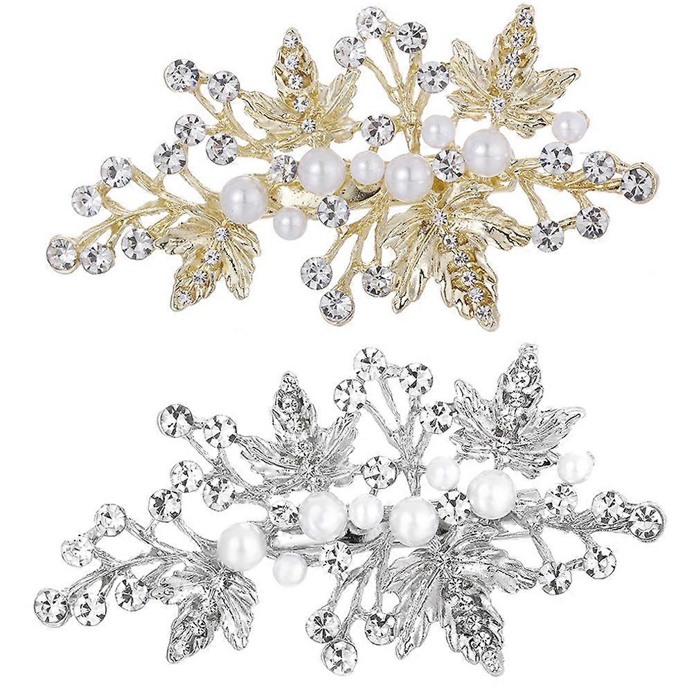 دبابيس شعر لؤلؤية أنيقة مع أوراق حجر الراين تصميم 2 قطعة اكسسوارات شعر الزفاف للنساء للمناسبات الخاصة والملابس اليومية