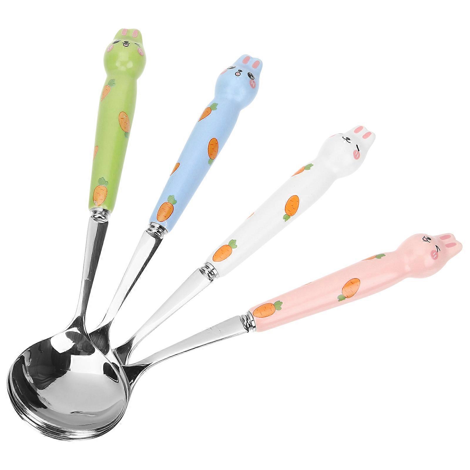 Adorable Rabbit Design Dessert Spoons with Ceramic Handle and Stainless Steel for Home Use 4 Pieces
