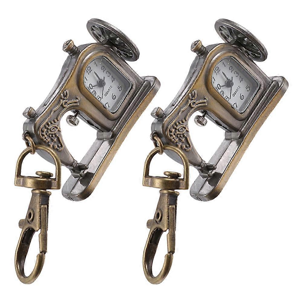 Vintage Quartz Clock Keychain with Sewing Machine Shape Watch for Keys in Coffee Color Zinc Alloy Plastic