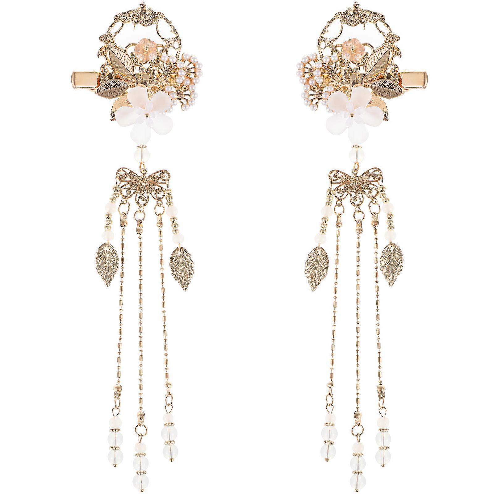 Retro Tassel Hairpins with Beading and Jade Flower Decoration for Women Assorted Color alloy