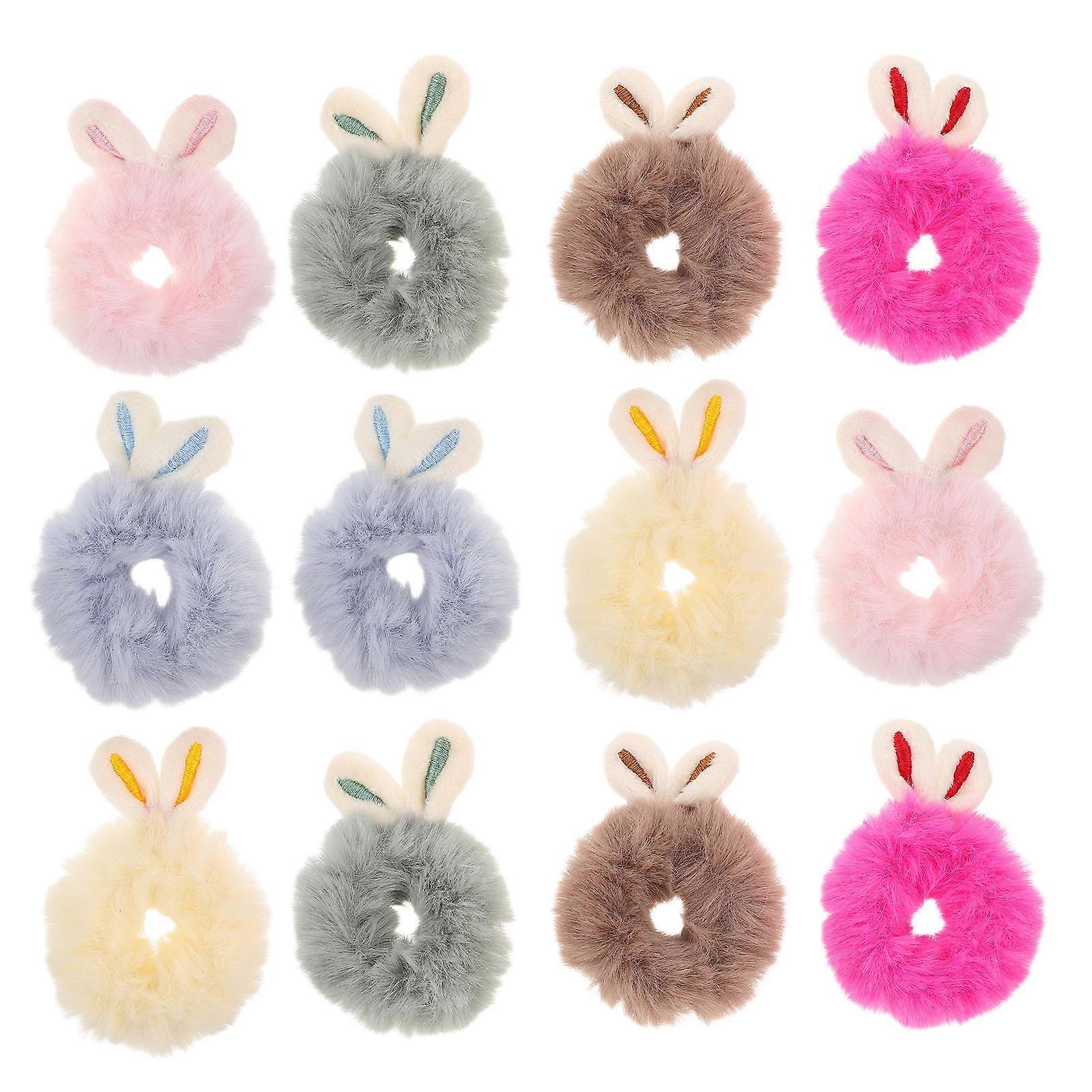 12PCS Bunny Ear Plush Hair Ties Colorful Elastic Ponytail Holders for Birthdays and Special Occasions