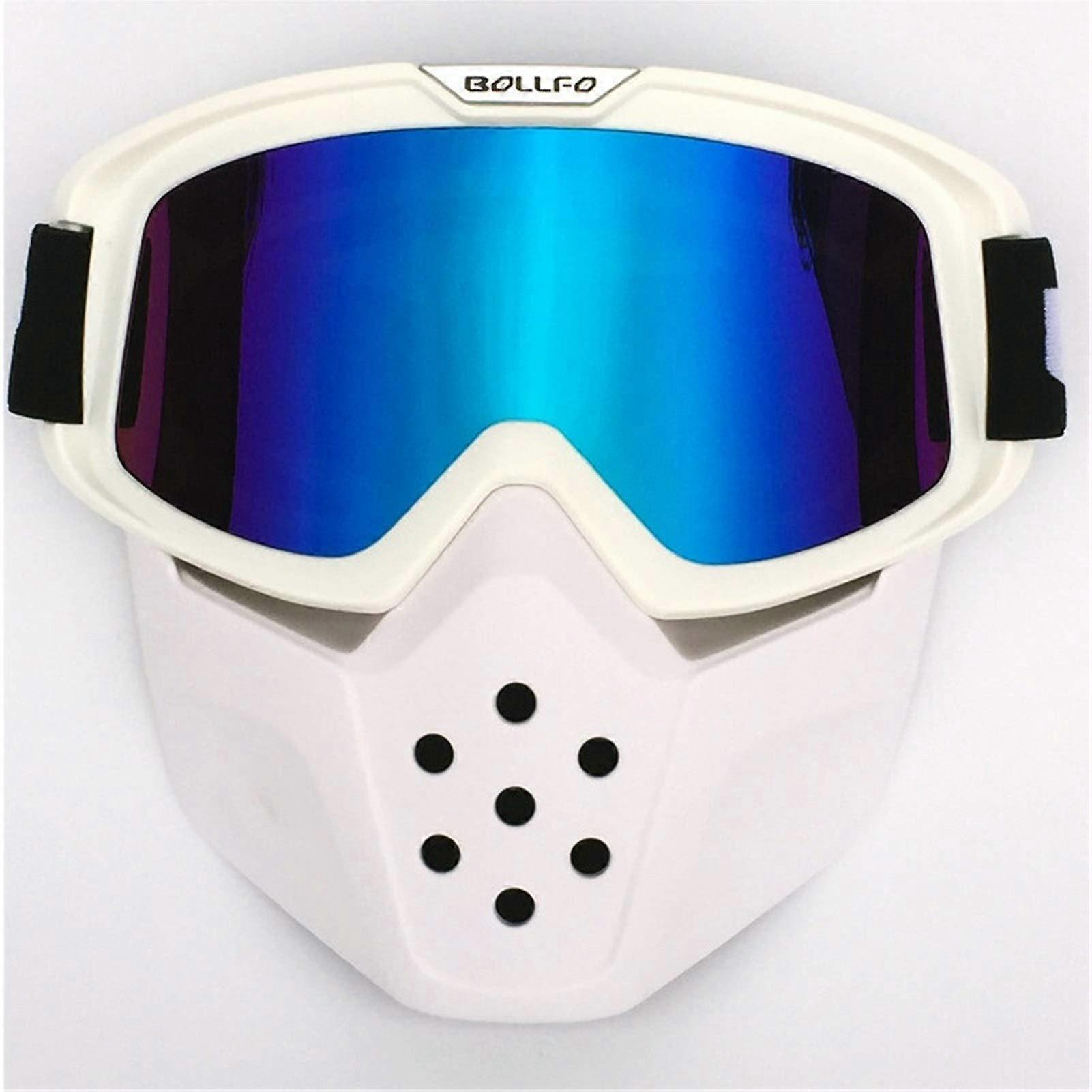 Motorradmaske BF040 W Blue, Winddichte Motocross-Gesichtsmaske, Retro Motorradbrille, Abnehmbare Mundschutzmaske