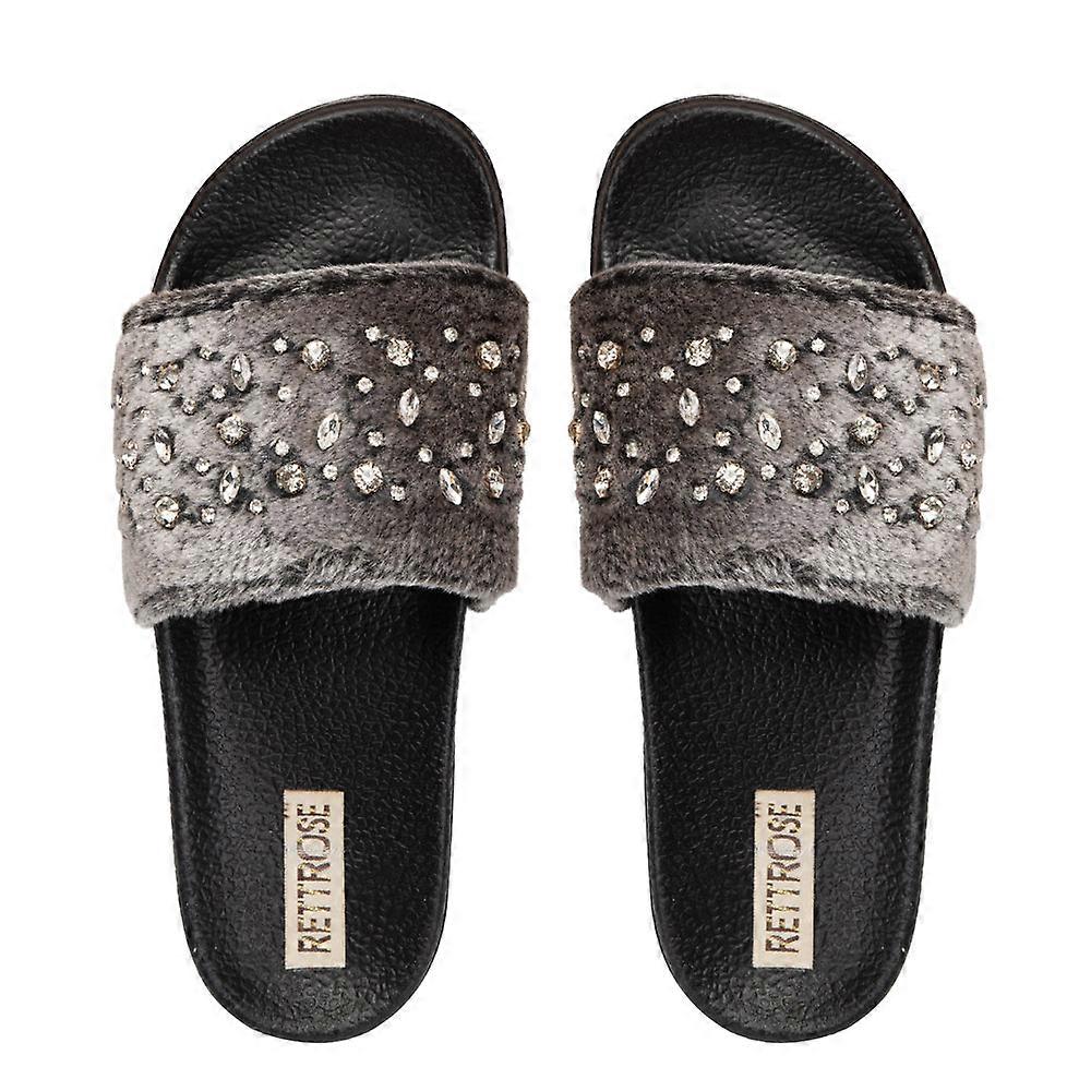 Sienna black & charcoal luxury faux fur comfortable diamanté embellished women’s handmade sliders