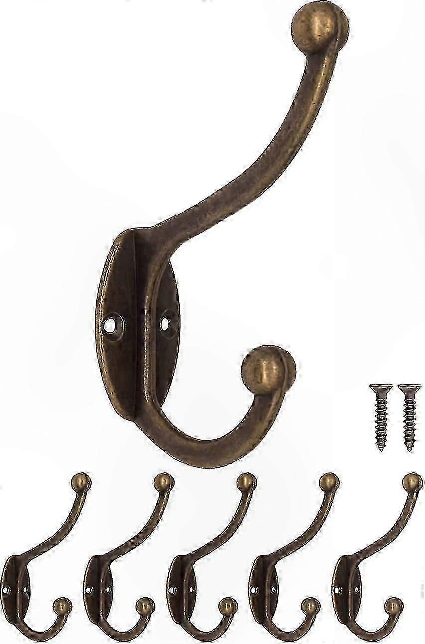 Vintage Style Coat Hooks, Durable Cast Iron with Brass Bronze Finish, Set of 5 for Country Retro Home Decor