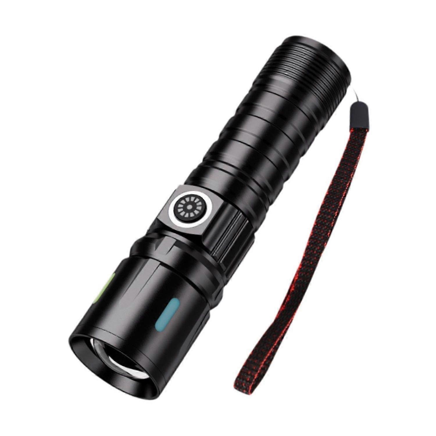 Long Range LED Flashlight Electric Torch Lightweight with USB Cable Zoom Lens(Black)