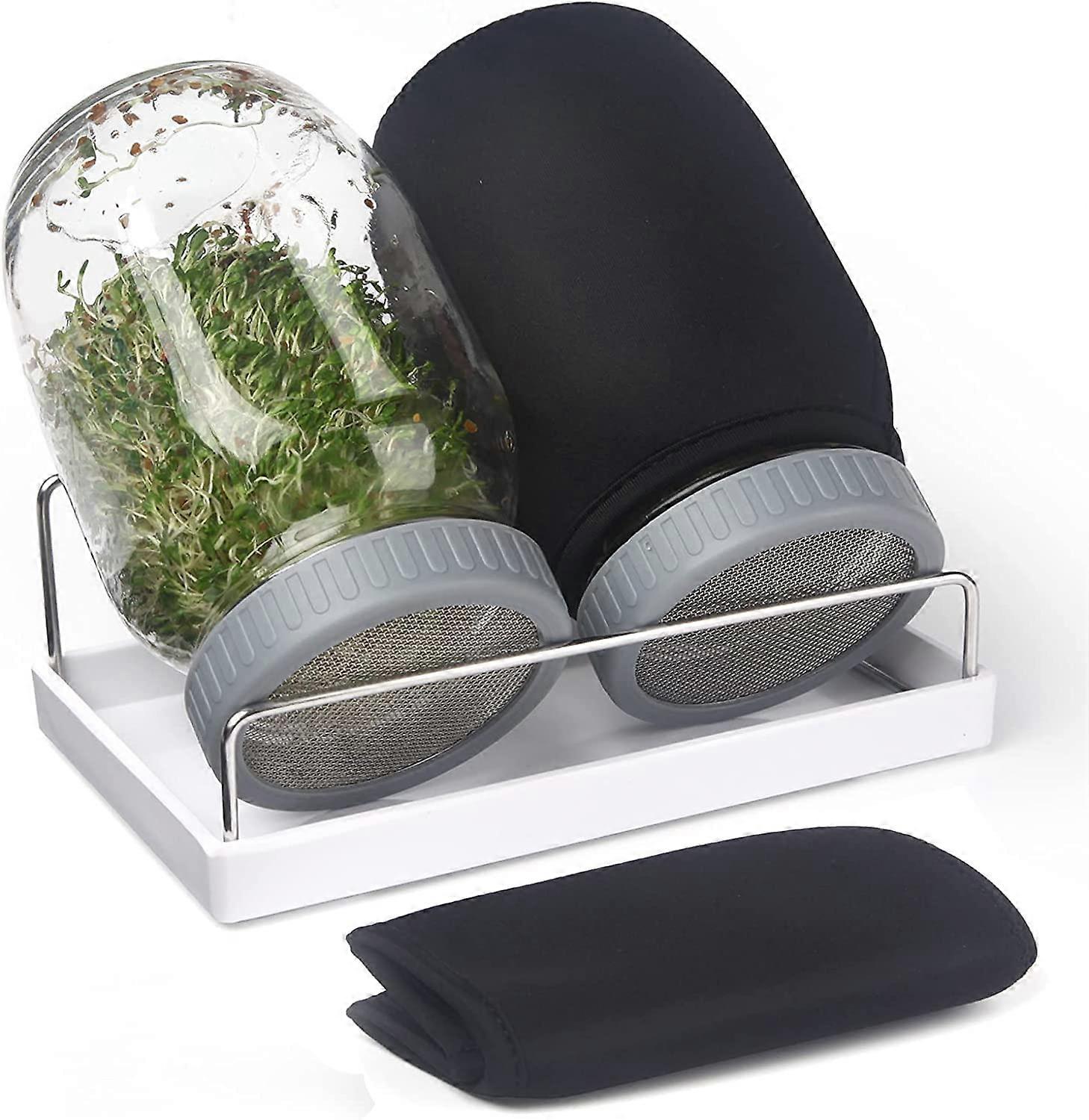 Complete Sprouting Jar Kit With 2 Wide Mouth Mason Jars 316 Screen Sprout Lids Blackout Sleeves Tray Stand