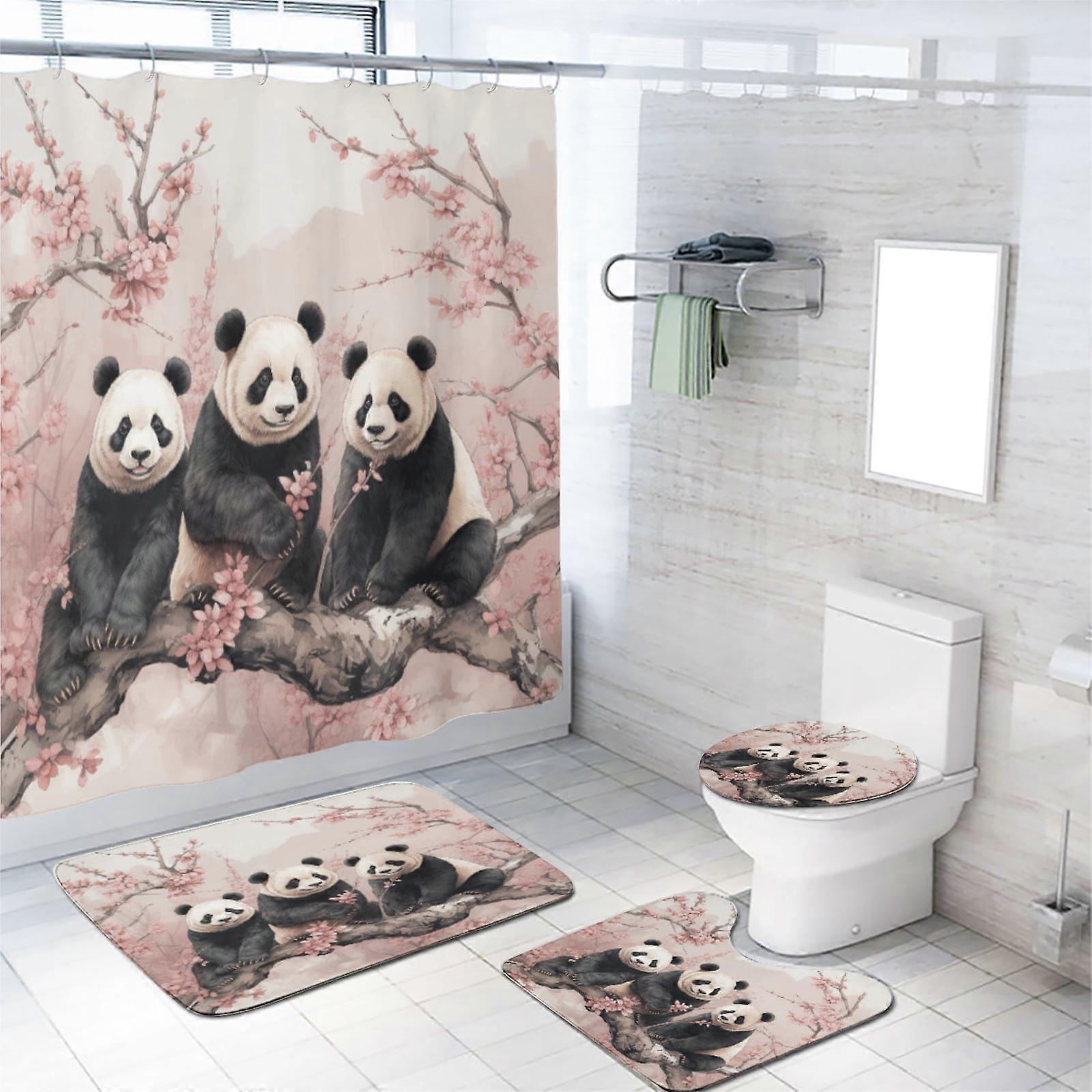 Cute Panda 4 Pc Shower Curtain Set with Cherry Blossoms, Compatible with Standard Hooks, Includes Bath Mat, Durable Waterproof Fabric, 72x72 Inch