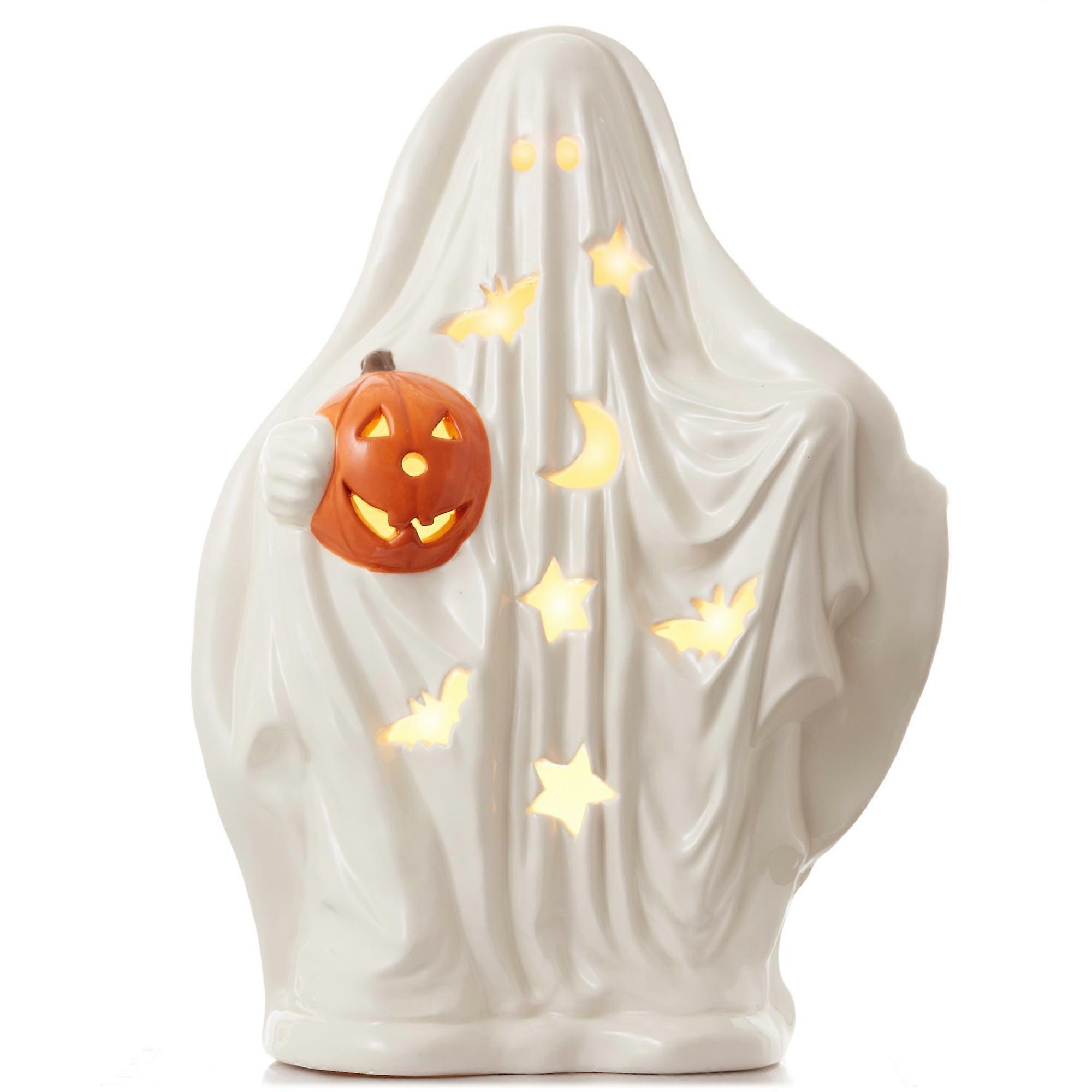 Pre-Lit Ceramic Halloween Ghost Pumpkin Hand-Painted Tabletop Decor
