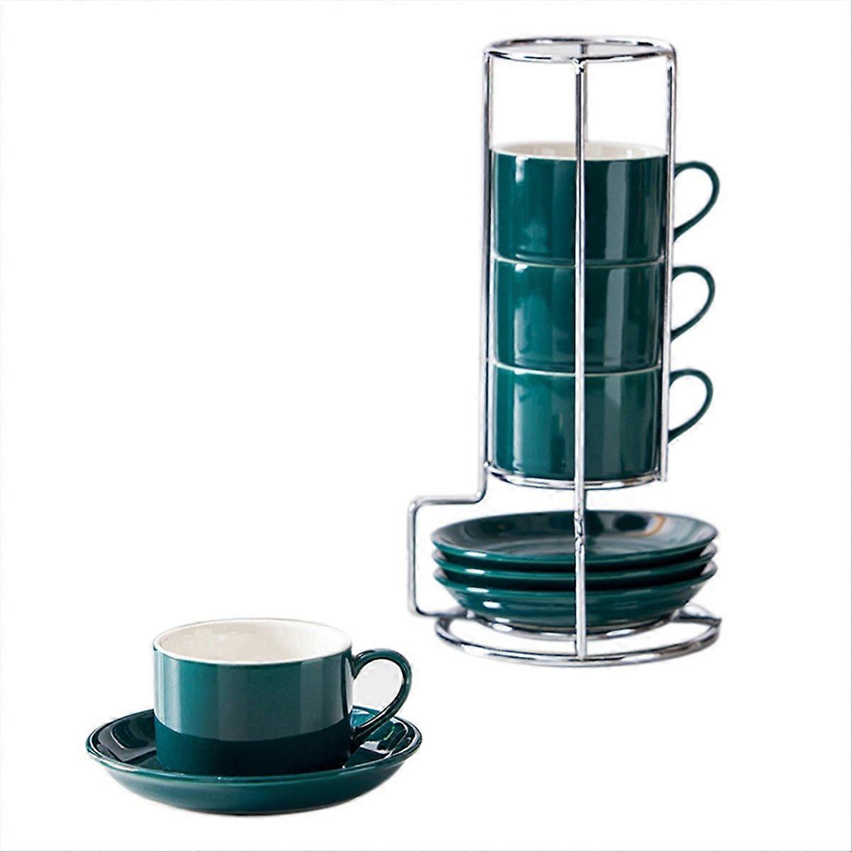 Porcelain Stackable Cappuccino Cups with Saucers and Metal Stand, E