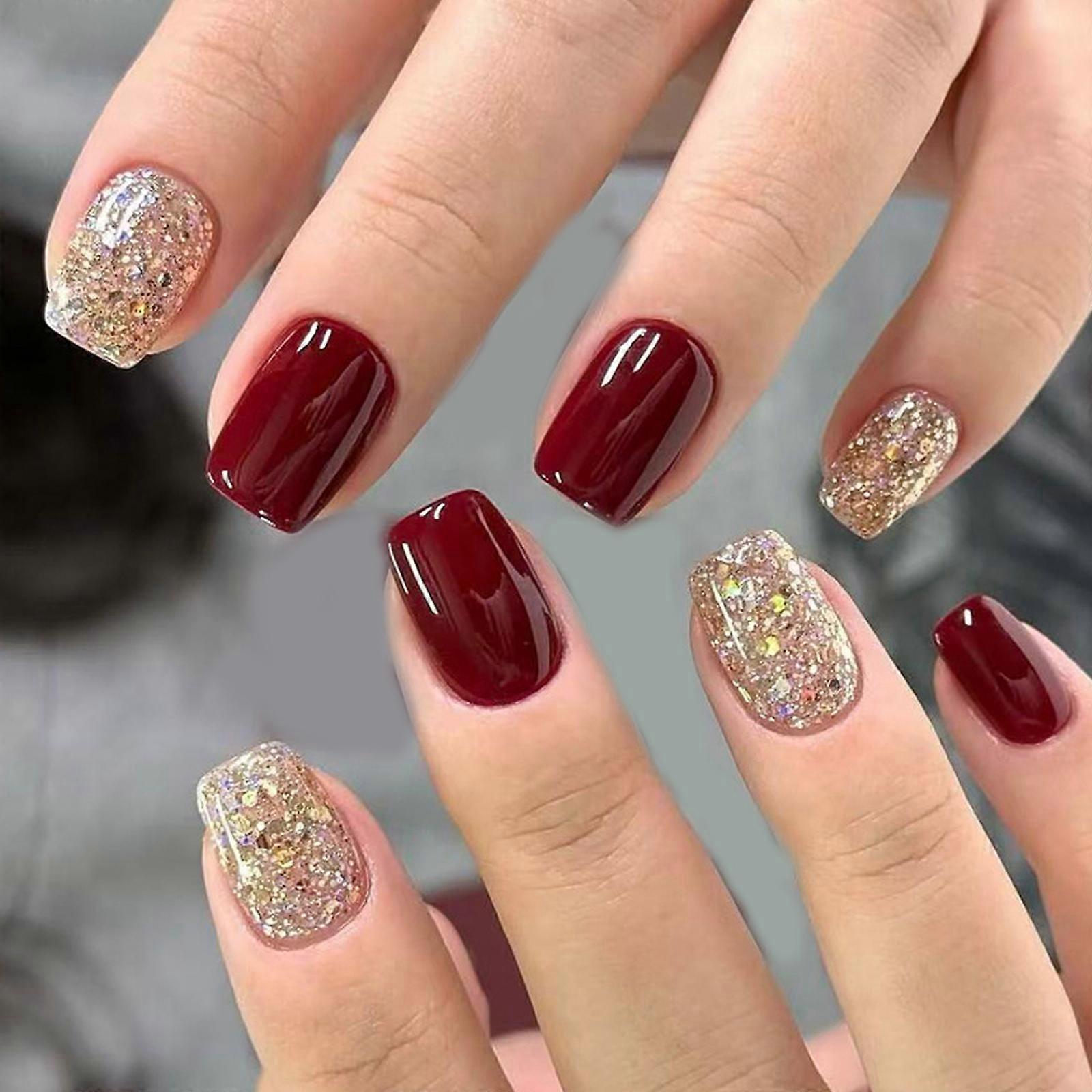 Shimmering Wine Press On Nail With Glitters 24pcs Short Coffin Style Durability ABS Artificial Nail For Christmas Event Multicolor