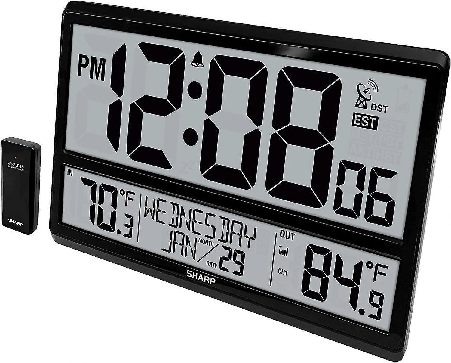 Compatible with Sharp Atomic Clock - Never Needs Setting! Easy to read 4" numbers, indoor/outdoor temp, wireless sensor, battery powered, easy