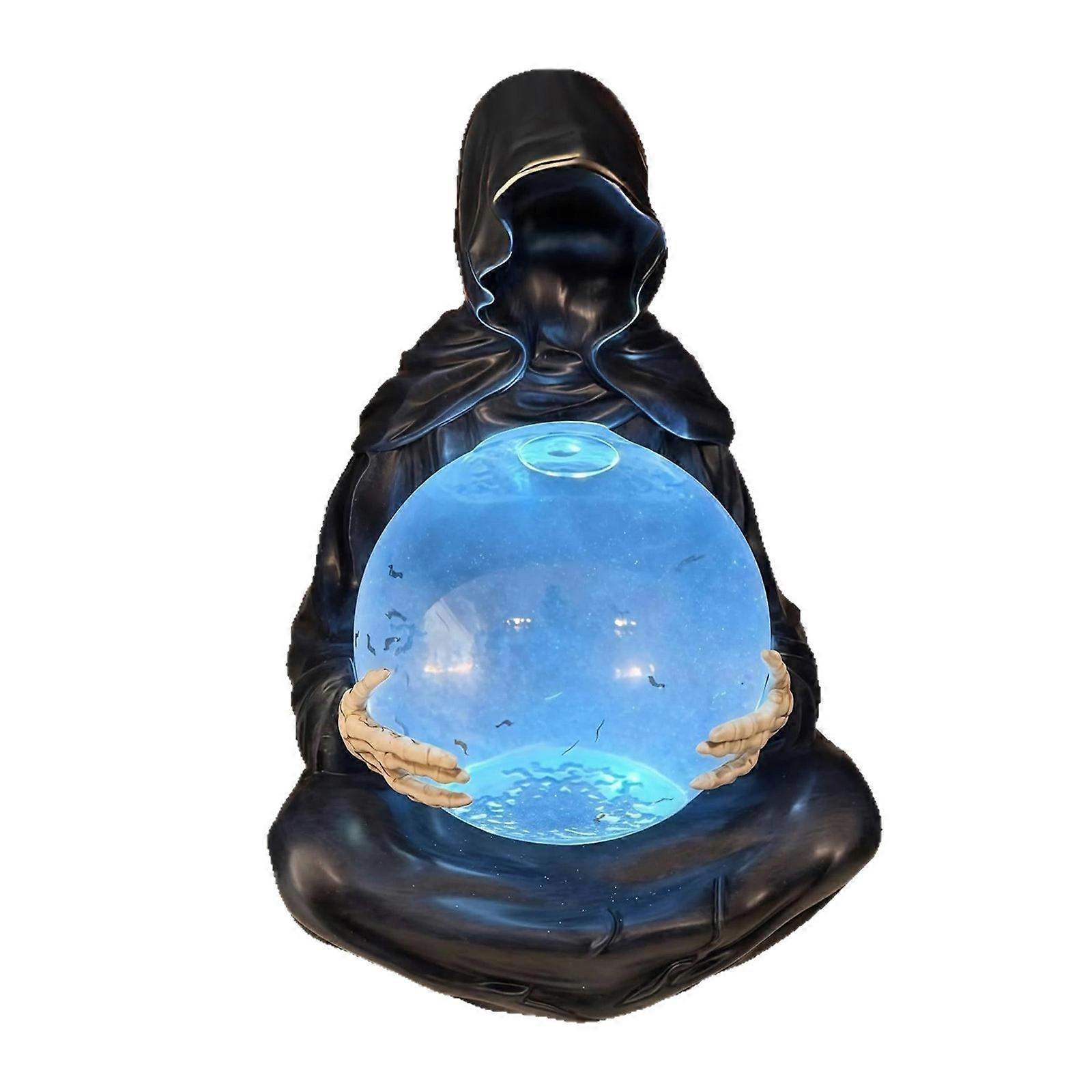 Halloween Death God Sculpture With Liquid Motion Crystal Ball and Floating Bats Resins Ornament LED Lighted Water Globe  With light