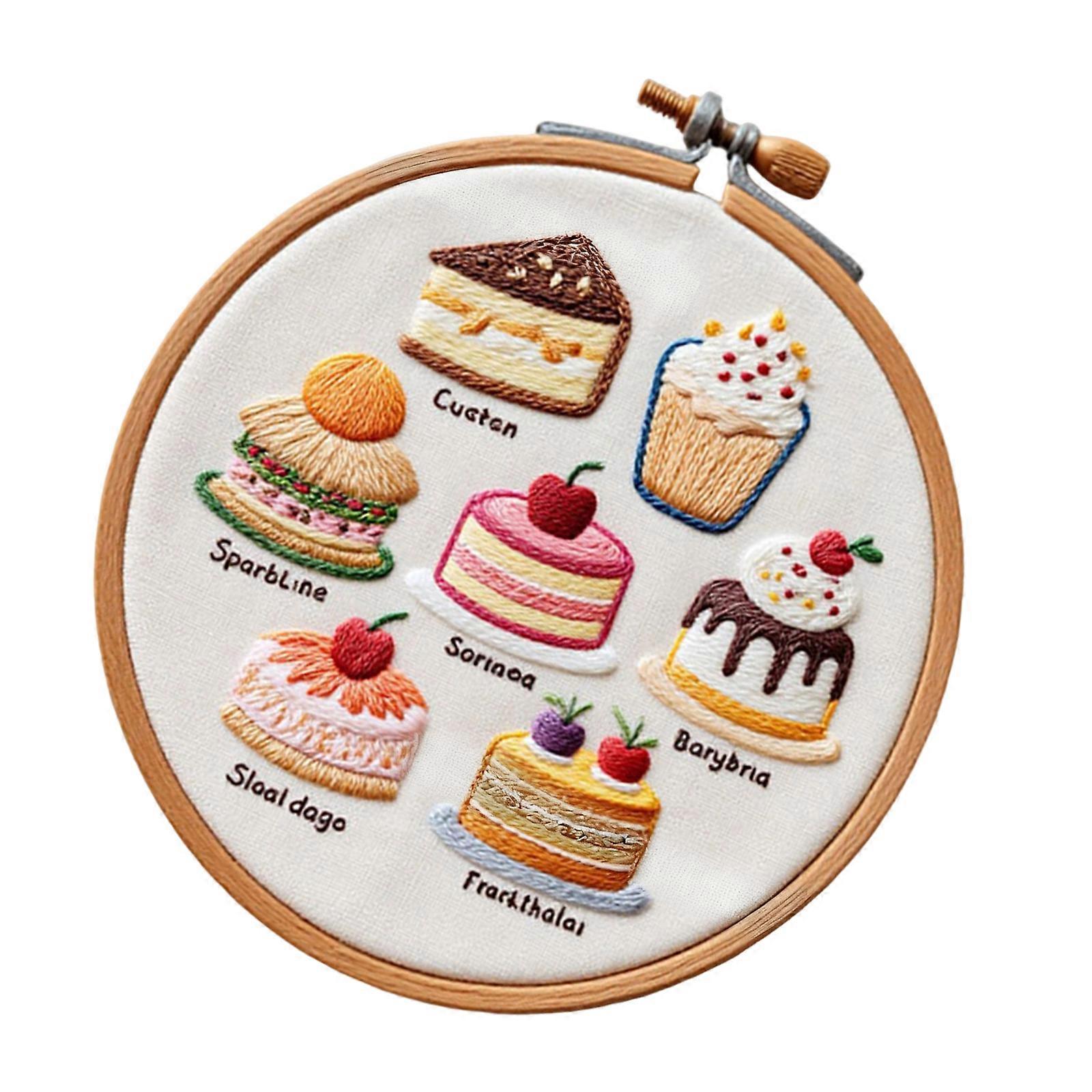 Cake Dessert Embroidery Set for Beginner Include Instruction Stitching Hoop Embroidery Thread Needle and Threads Multicolor