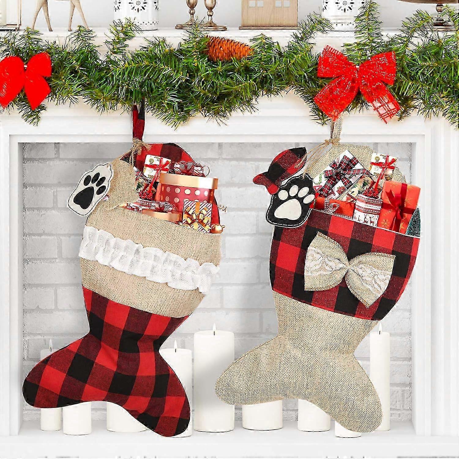 Christmas Stockings for Pet Cat Large Fish Shaped with Burlap Plaid Pattern