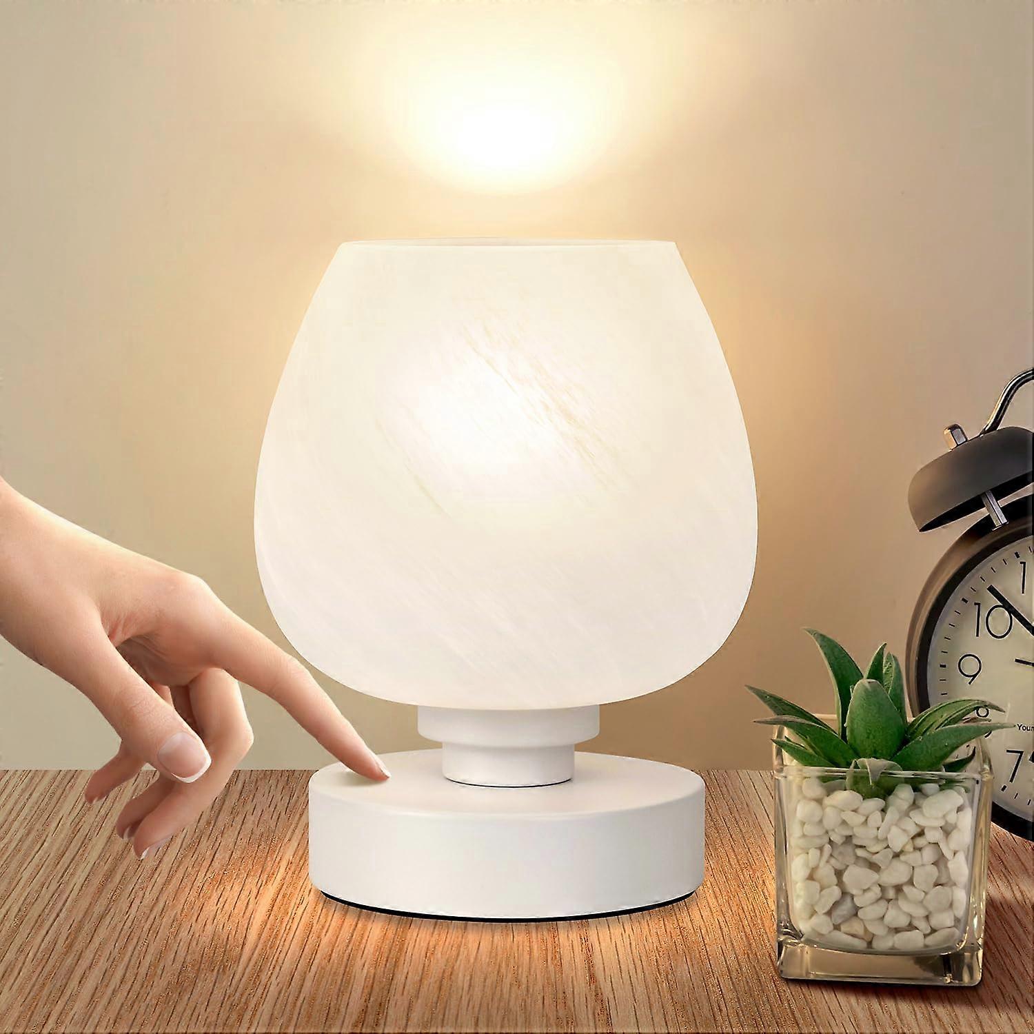 Touch Table Lamp with 3Way Dimming, Warm LED, White Opal Shade, Small Bedside Light for Bedroom