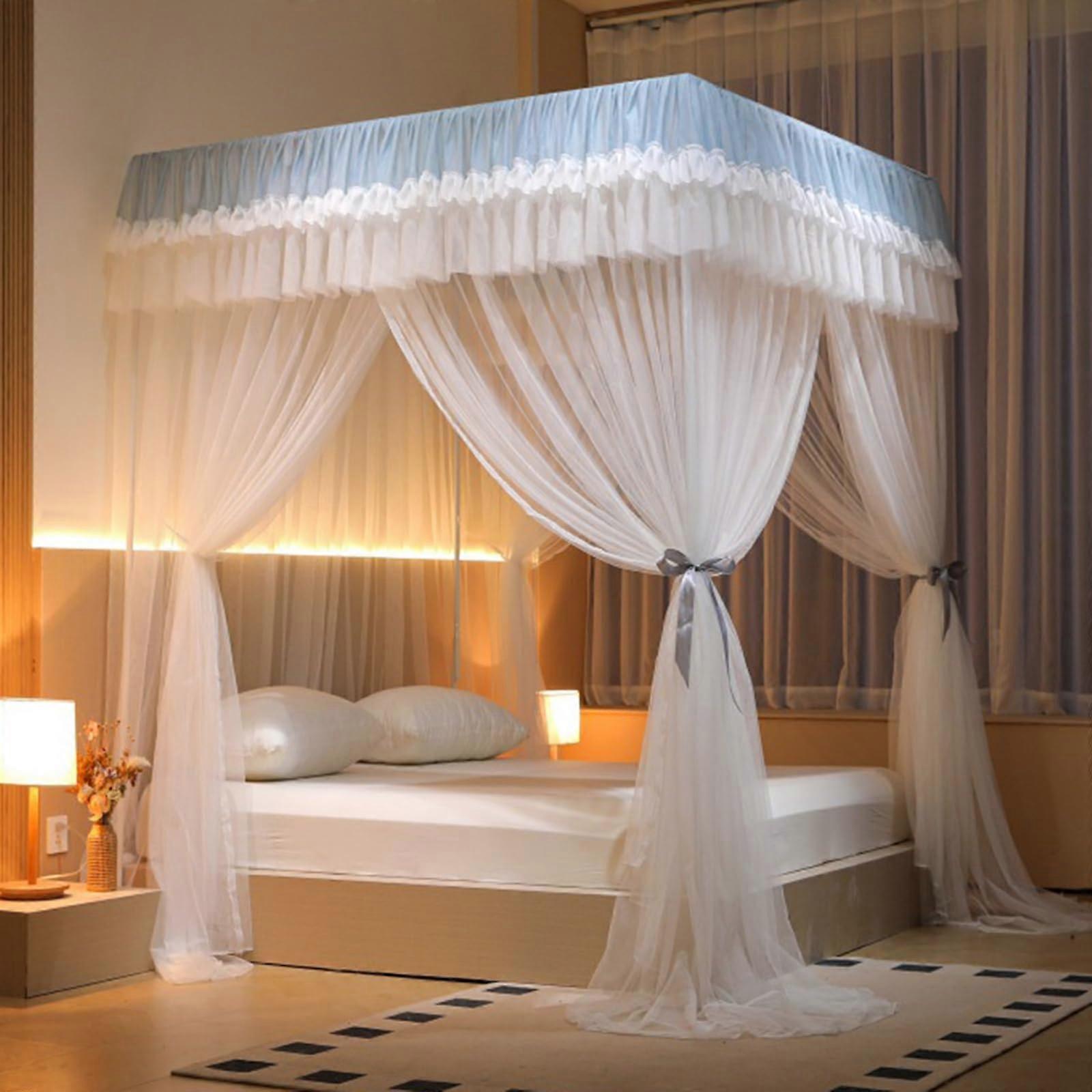Mosquito Net Bed Canopy with Four Poster Curtains, Double Layer Mesh for Insect Protection and Privacy