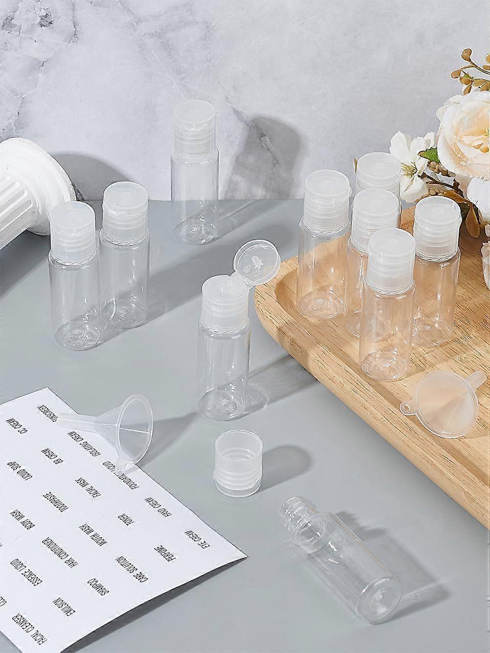 10 Pcs Travel Plastic Sample Bottles PET Empty Flip Top Caps Bottles with Funnel Hopper and Self-Adhesive Stickers for Lotion Liquids Travel and Craft
