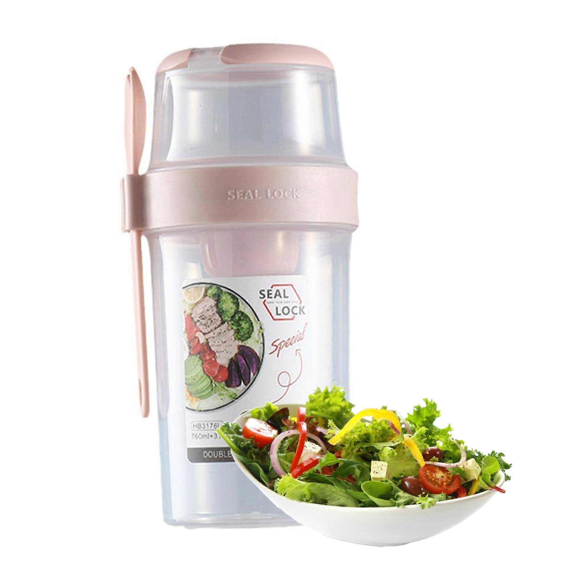 Salad Shaker Cup Leakproof Double Layer with Dressing Holder Fork for Lunch Fruit Vegetable Rosy L