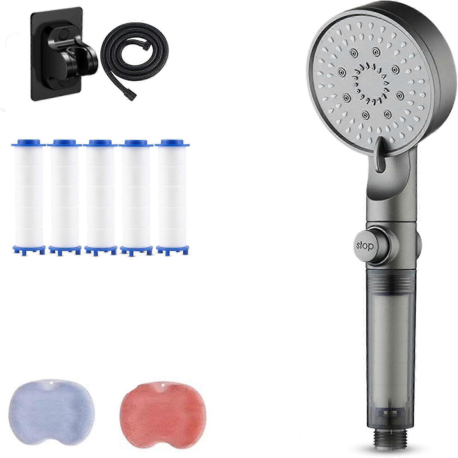 Pressure 5Mode Filtered Shower Head with Hose for Hard Water, MultiLayer Filtration, Grey