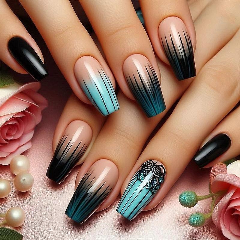2026 New style 24Pcs Solid Black Short False Nails with Rose Pattern Design Ballerina Square Artific