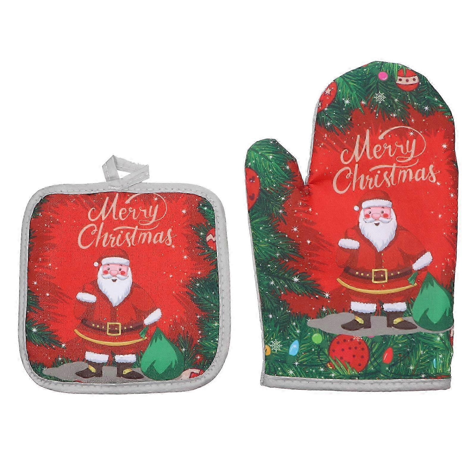2026 Suitable Red Christmas Oven Mitts with Heat Resistant Function 2Pcs Set