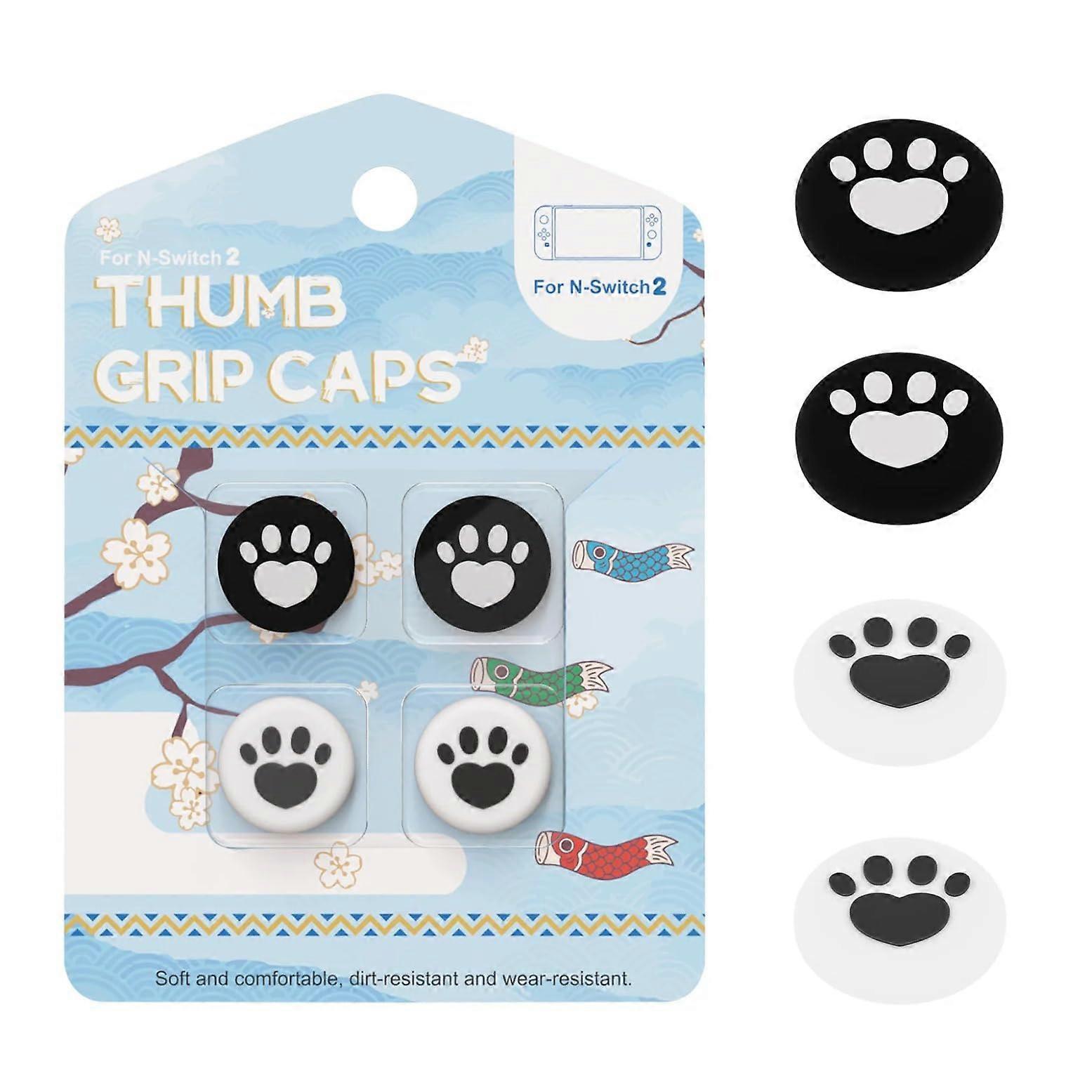 4Pcs Cute Cat Paw Joystick Caps Silicone Thumb Grips for Switch 2 Controller Black White
