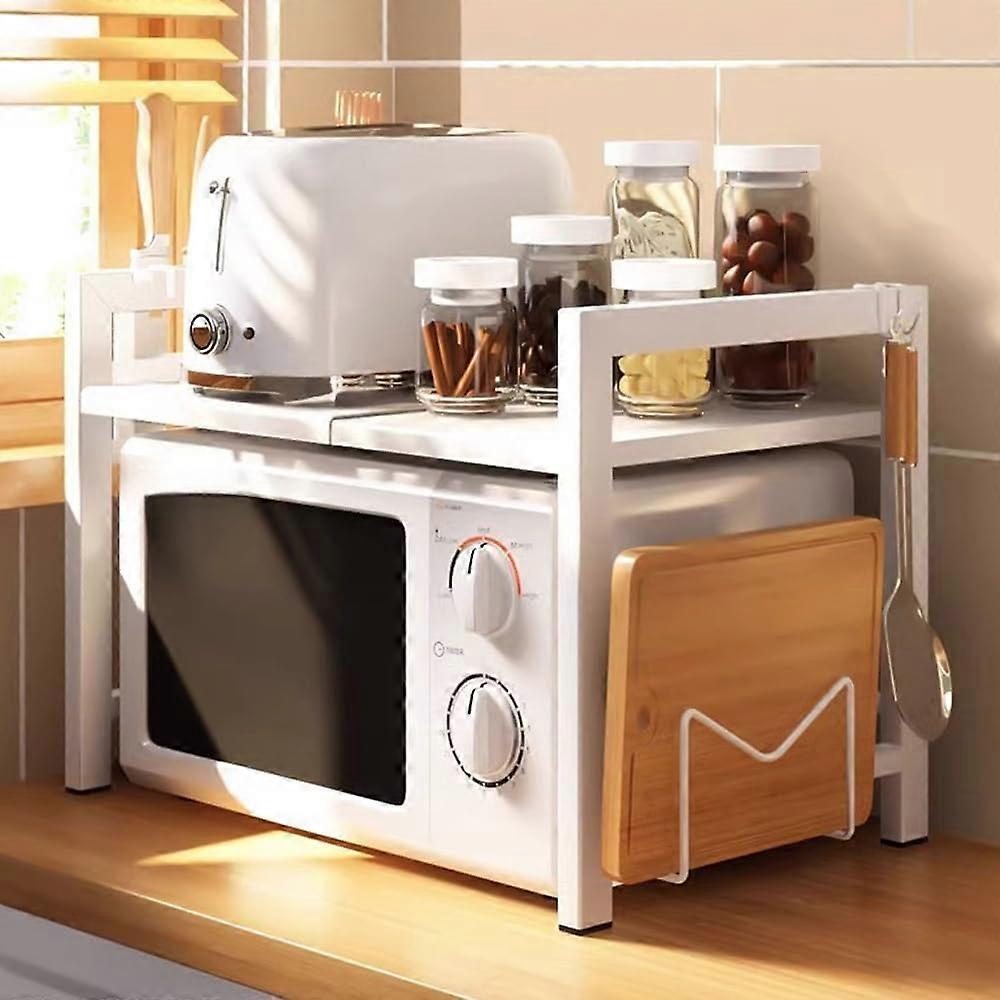 Kitchen Microwave Shelf Adjustable TwoTier Storage Rack with Hooks and Cutting Board Holder White